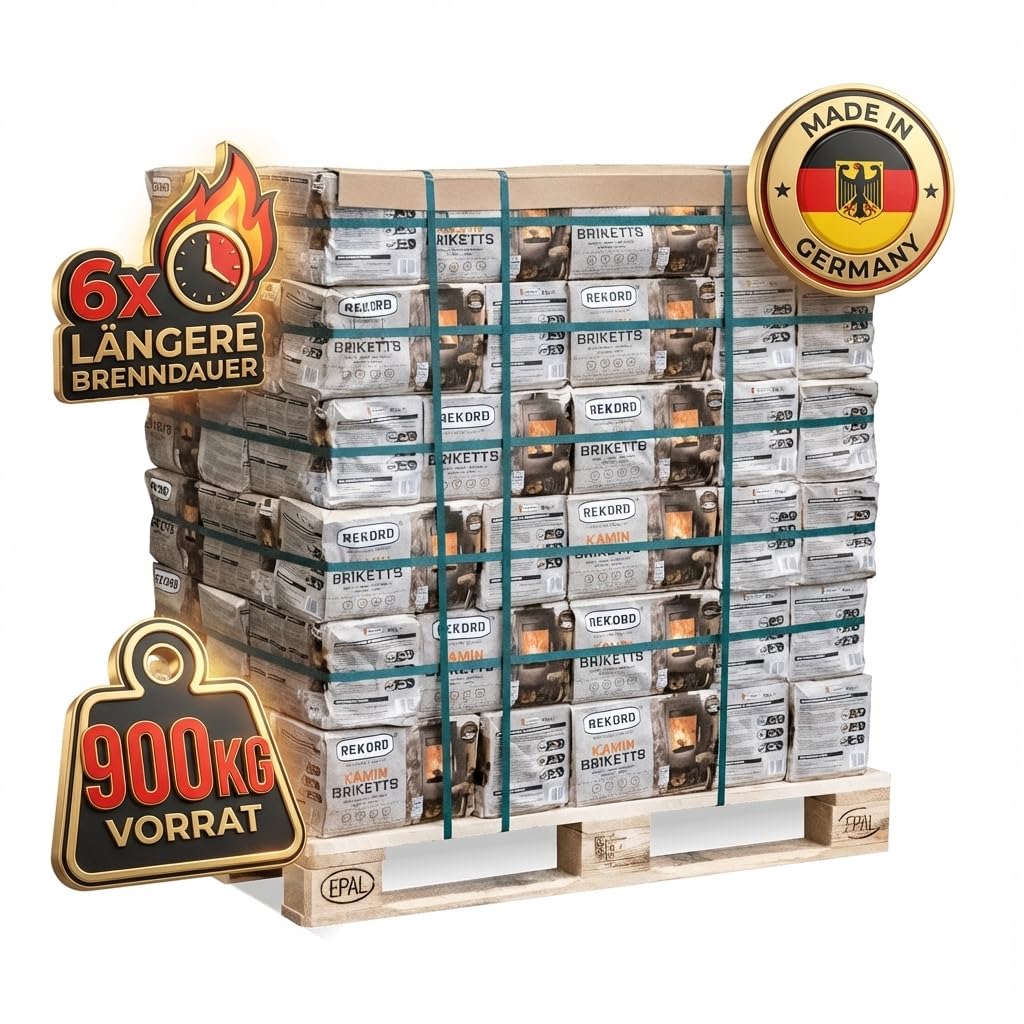 Rekord® Braunkohlebriketts 900 kg (90x10 kg Gebinde) auf Palette – Kaminbriketts mit hohem Heizwert & Langer Brenndauer – Qualitäts–Braunkohle für Kamine & Dauerbrandöfen – Gluthalter Briketts