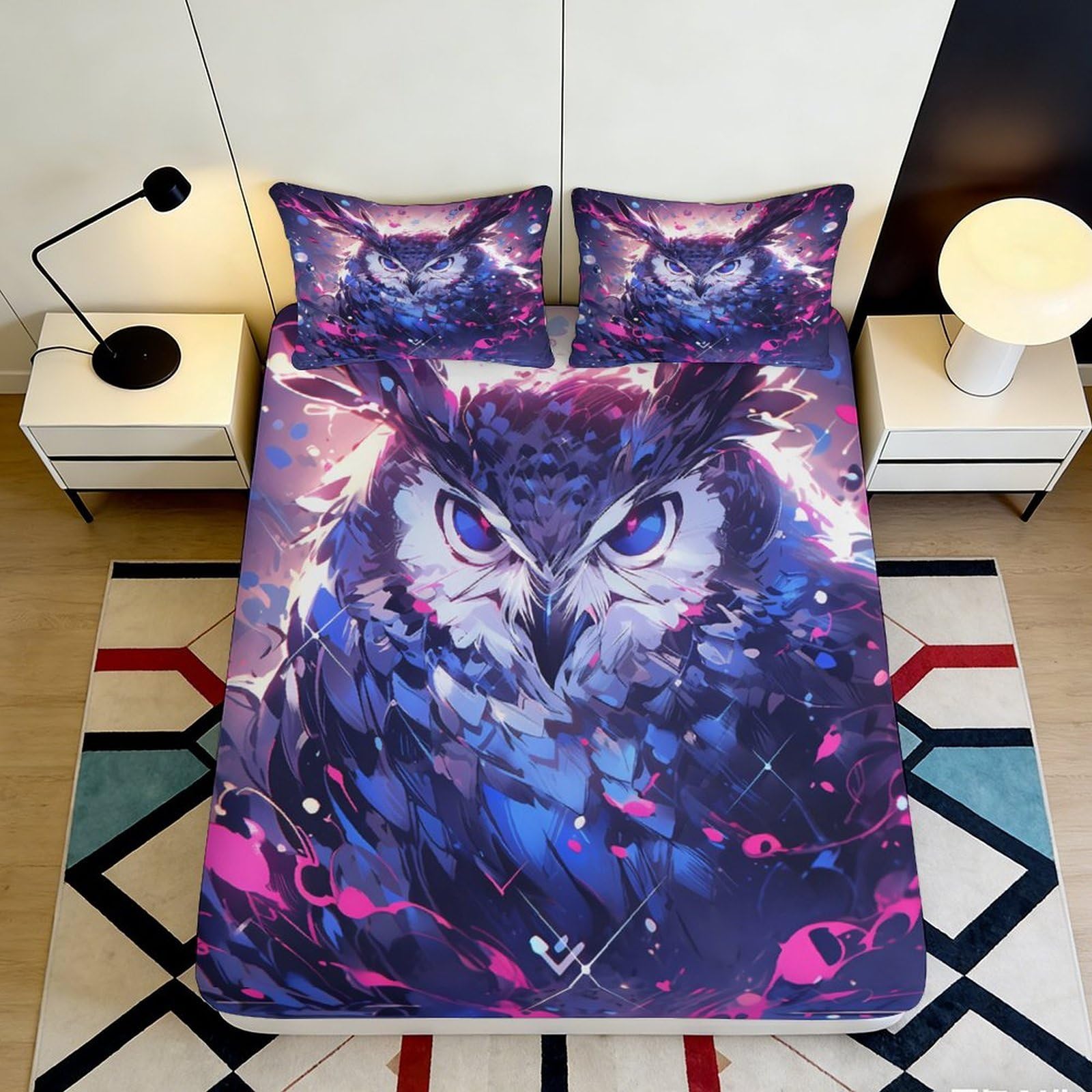 3D Printed Mystical Owl Fitted Sheet Microfiber Soft Artistic Night Sky Mattress Cover Bedroom Decor Protection 90x200x25cm