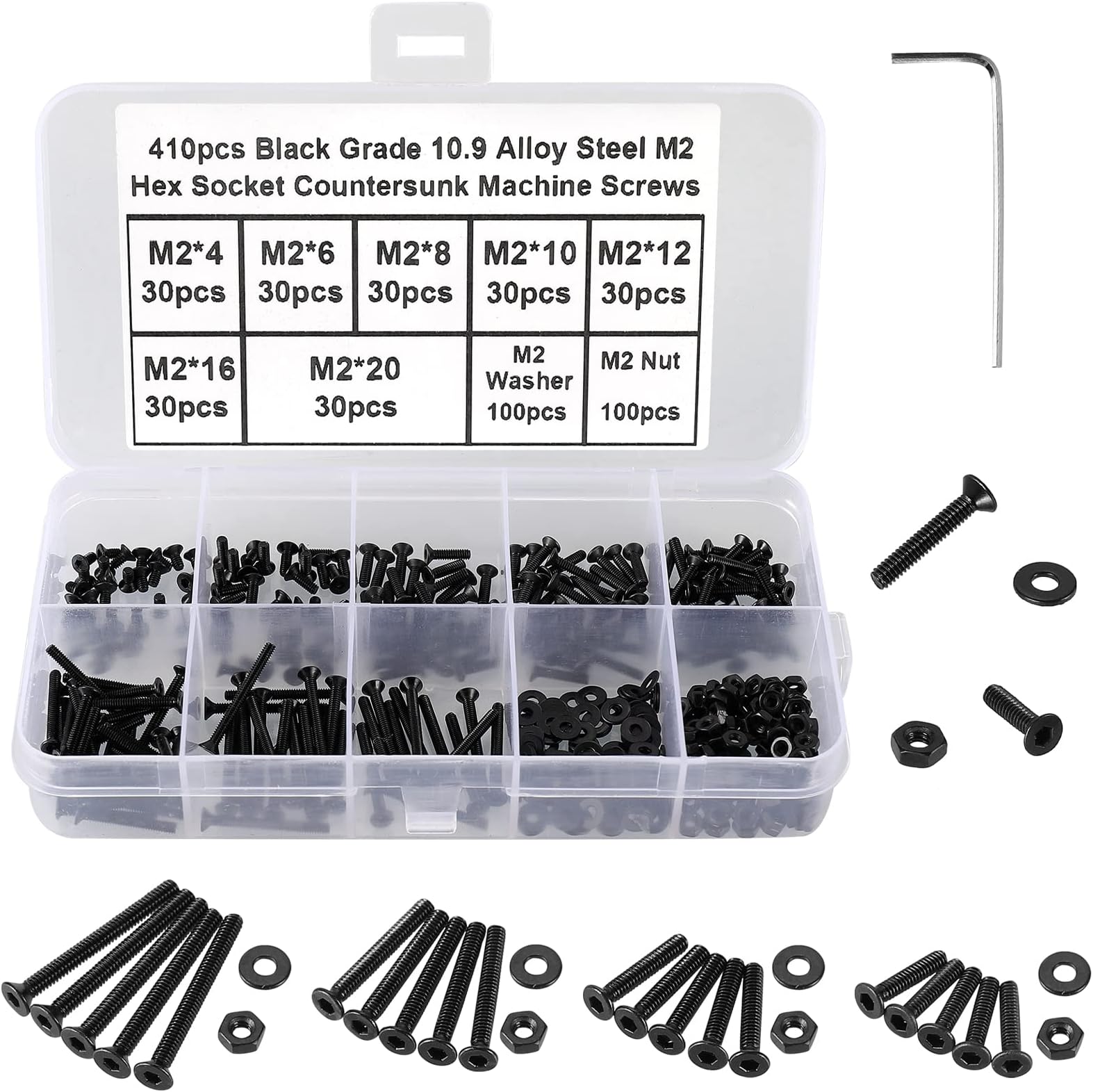 410Pcs M2 Bolts and Nuts Set,Countersunk Machine Screws, DIN 7991 Allen Screws,Black Bolts and Washers Set 10.9 Grade Alloy Steel Fully Threaded With 1 Allen Key.