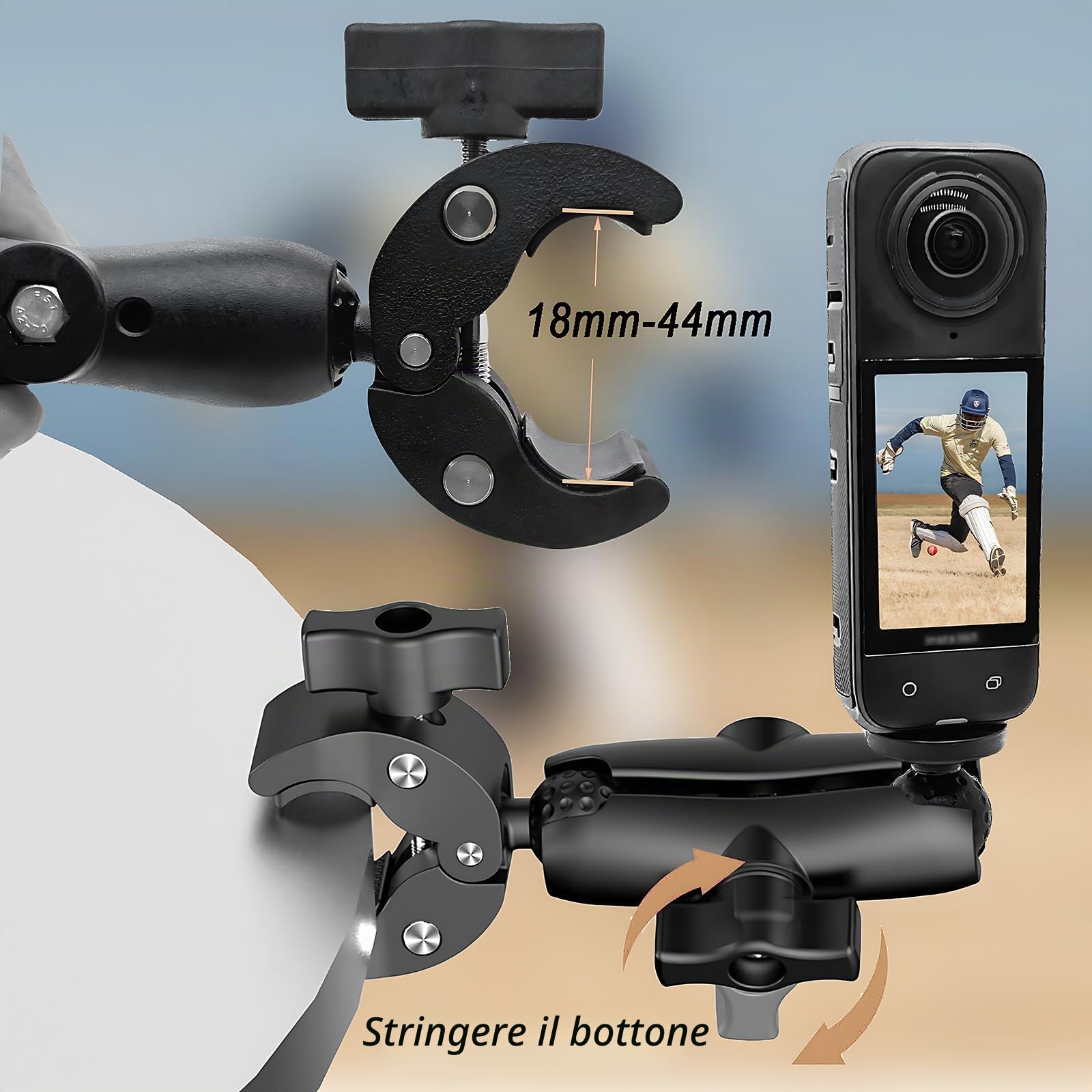Kit di montaggio per manubrio di bici e moto, morsetto con braccio di estensione per selfie, compatibile con Insta 360 X4, X3, X2, X ONE RS, R ACE, Pro Go 3, 2, Go Pro Series