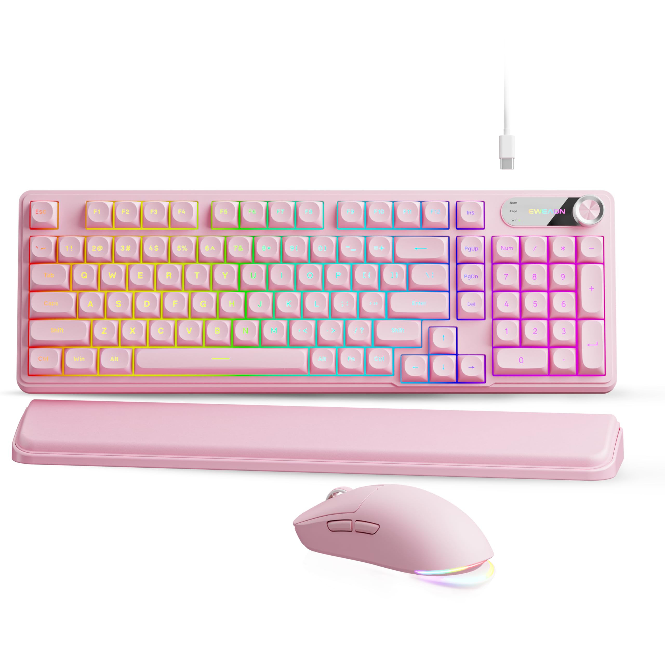 EWEADN C98 Przewodowa klawiatura i mysz, przewodowa, ergonomiczna klawiatura komputerowa z nadgarstkiem, podwójne nasadki klawiszy, ciche podświetlenie RGB, cicha klawiatura do Windows/MAC/PC, różowa