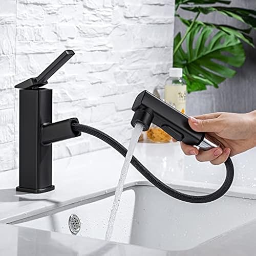 HANLIAN Grifo extraíble de un solo agujero para fregadero de baño, grifo de fregadero negro para baño, grifo de baño moderno de una manija con