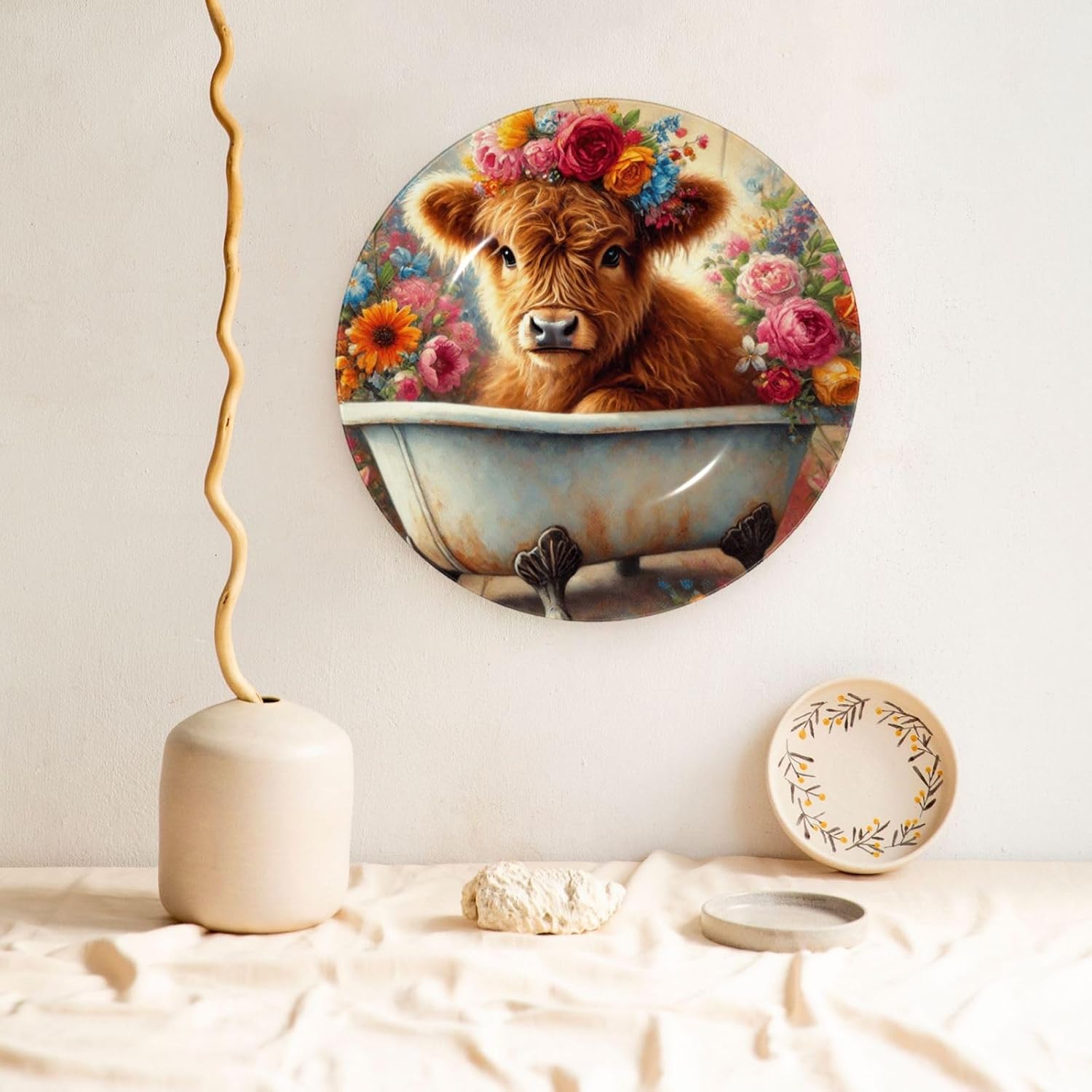 Highland-Cow-Floral 10 Inch Decorative Plate With Stand, Elegant Display Wall Plate For Home Decor