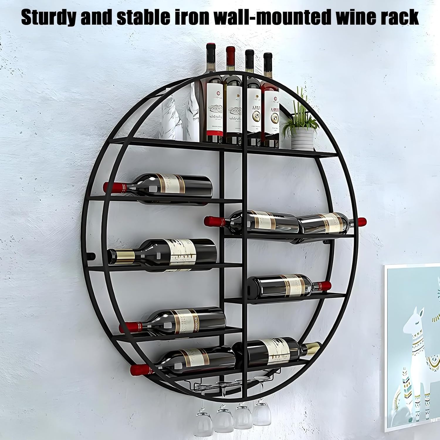 YVYKFZD Metal Wall Mounted Wine Rack, Round Floating Bar Shelves, Creative Liquor Bottle Display Shelf with Wine Glass Holder, Simple Industrial Wine Holder, Space Saving(Gold,60x11x60cm)