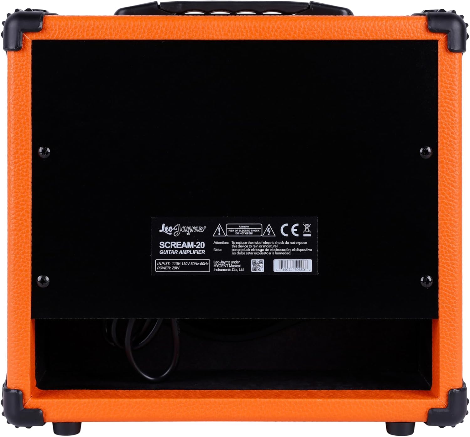 Rear view of the Leo Jaymz SCREAM-20 amplifier, showing the power input and regulatory labels.