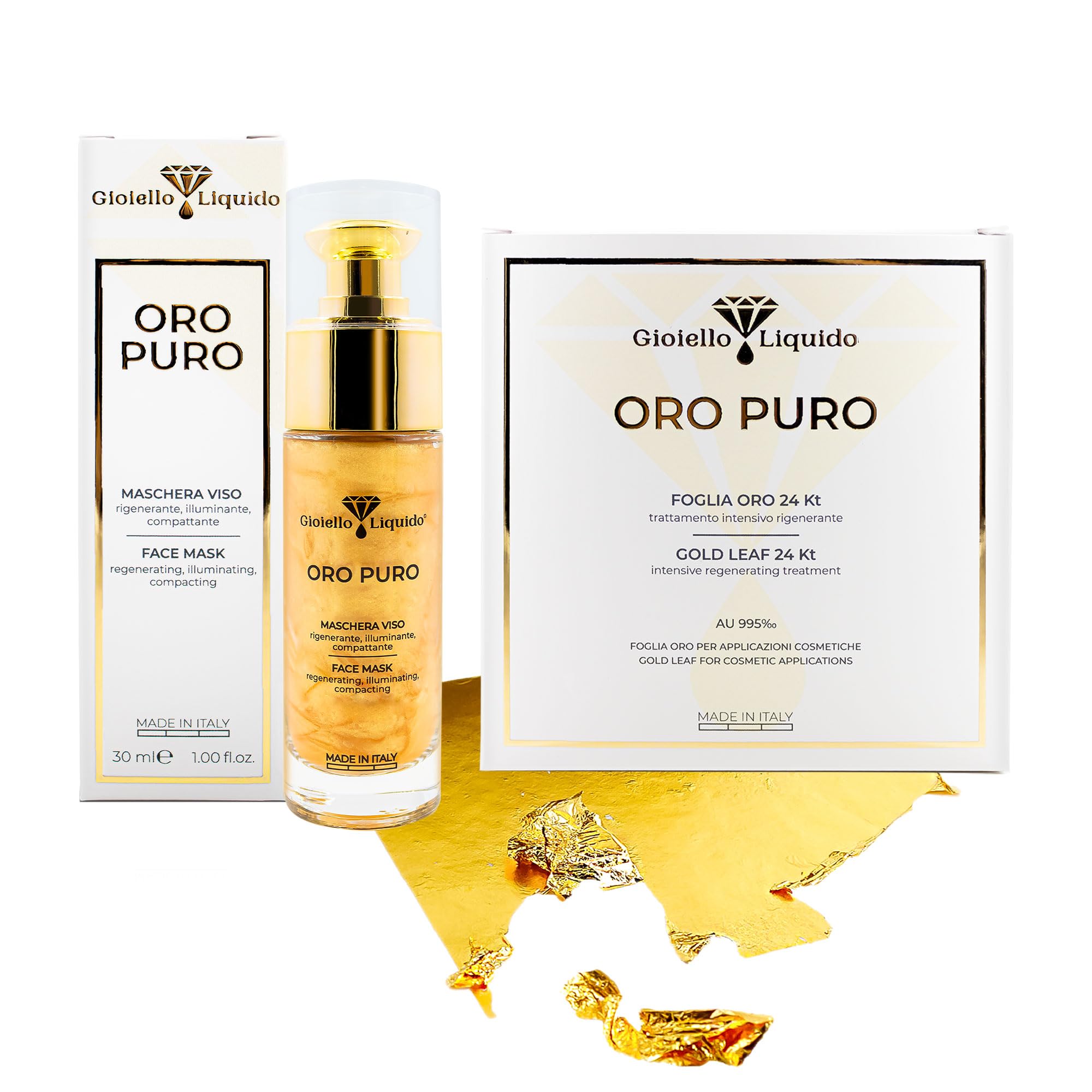 Set Gesichtsmaske aus Gel mit reiner Hyaluronsäure und kolloidalem Gold + Blatt 24 Karat Gold zertifiziert (6 Blatt) - Sofortiger Lifting-Effekt, regeneriert die Gesichtszellen - 100% Anti-Age