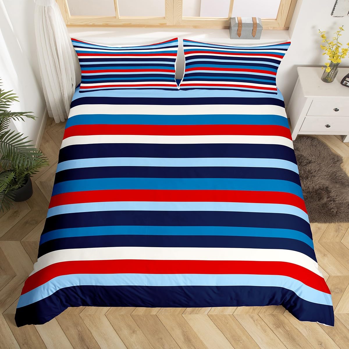 Kids Blue Red Stripes Duvet Cover Set,Women Modern Line Bedding Set Super King Size,Minimalist Art Comforter Cover for Girls Bedroom Decor,Vintage Stripe Quilt Cover with 2 Pillow Cases(No Comforter)