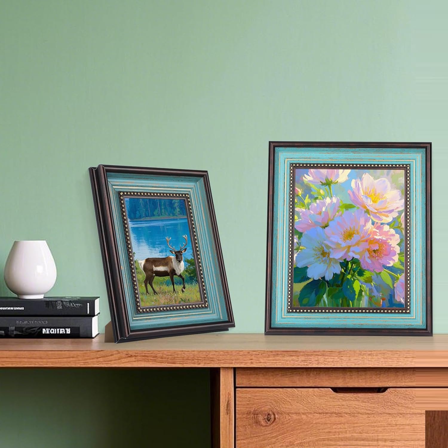 8x10 Picture Frame Vintage Distressed Blue Picture Frames with Gold Beads 8 by 10 Photo Frame for Retro Home Wall Desk Display Decor Family Mom Grandma Mothers Day Birthday Gifts