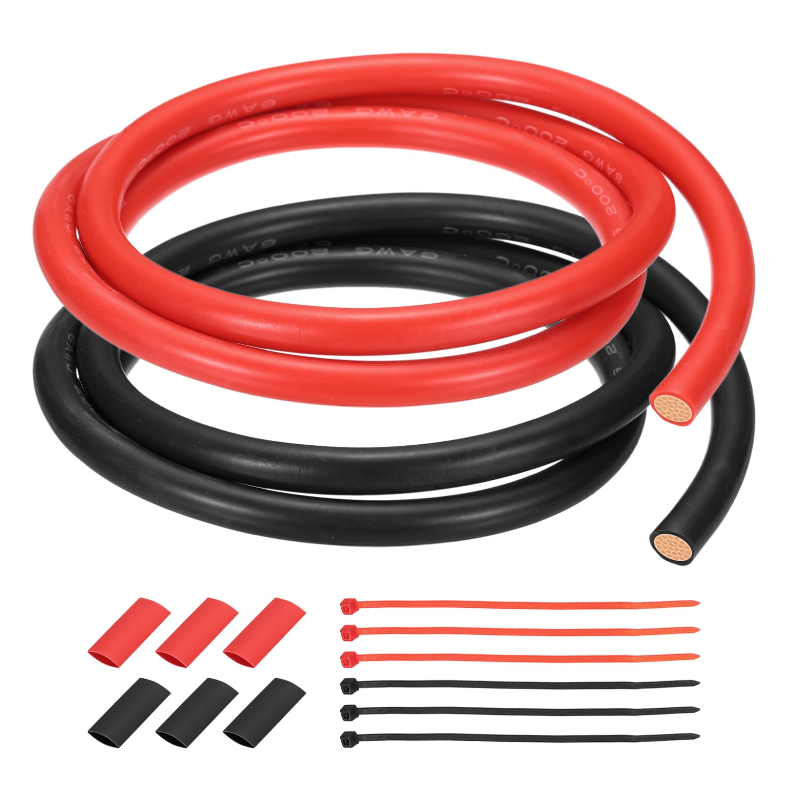 sourcing map 2pcs 6 AWG Silicone Electrical Wire, 6 Gauge 1m/3ft Tinned Copper Electrical Wires with Heat Shrink Tubing & Cable Ties for Automotive, Motor, RV Inverter - Red & Black