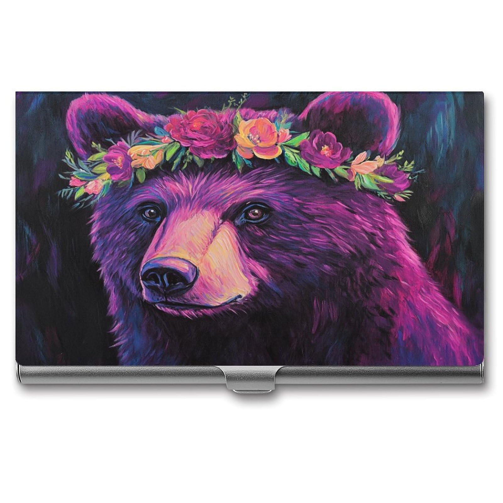 DuduYH Bear with A Flower Crown Business Card Holder Pocket Slim Portable Metal Business Card Case