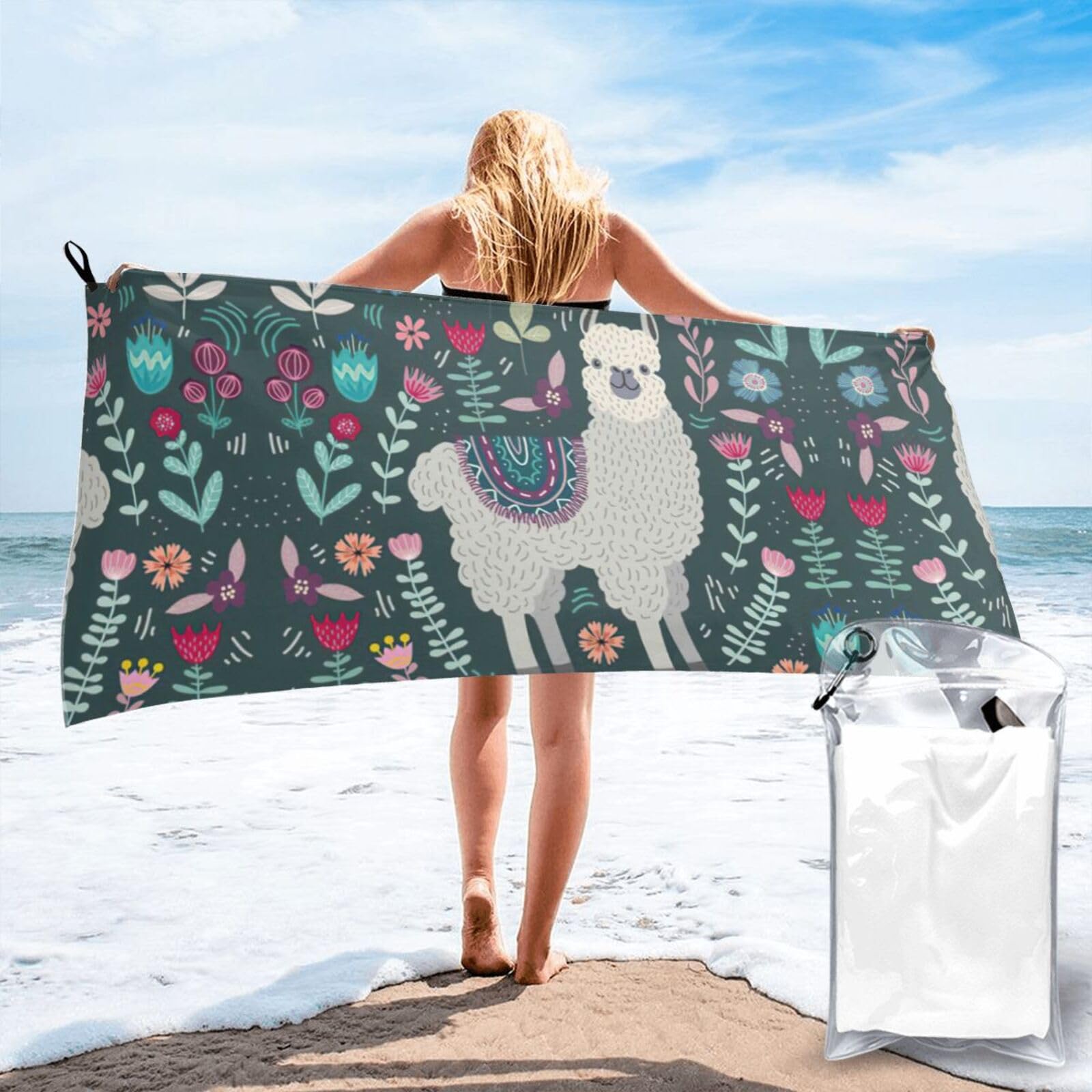 JIUTY Flower Alpaca Print Fast Dry Beach Towel Portable For Swimming Travel Gym Hiking Gift