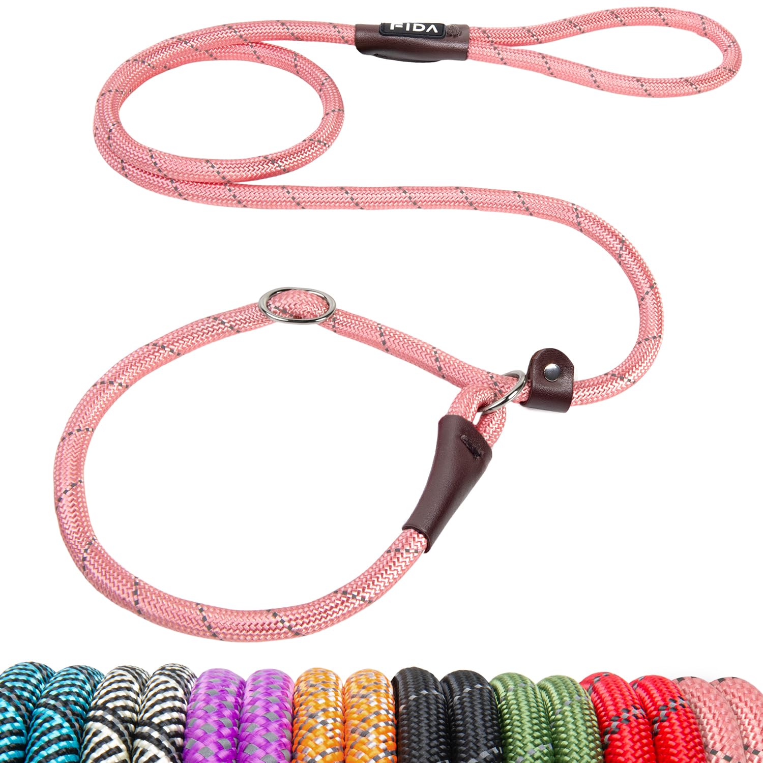 Fida Slip Lead for Dogs | 1.8m, One-Size-Fits-All, Slip-On Rope Leash. Easy to Slip On, No Collar or Harness Needed. Durable & Weather Resistant Climbers Rope with Reflective Stitching (Pink)