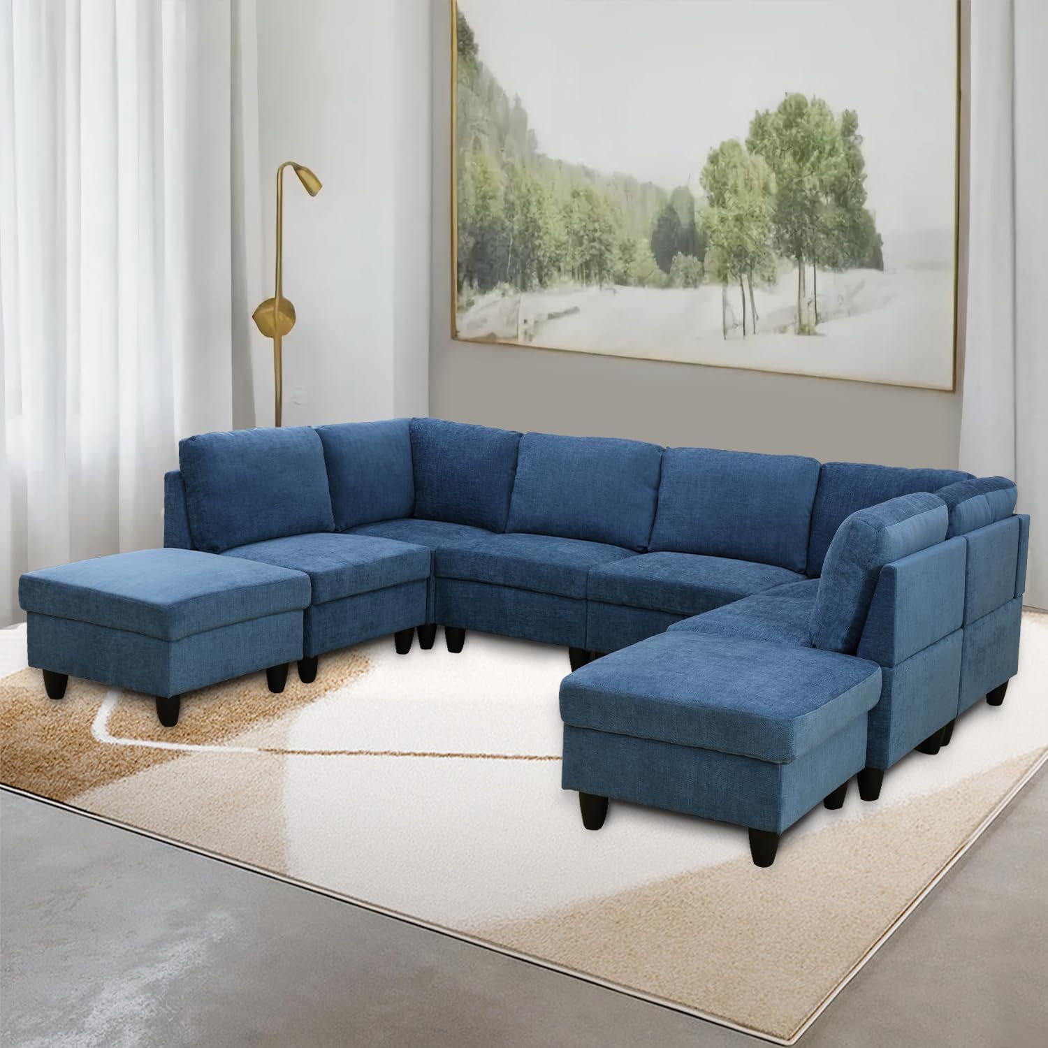 GEBADOL Modular Sectional Sofa Set in blue, configured as a U-shape with an ottoman, in a living room setting.