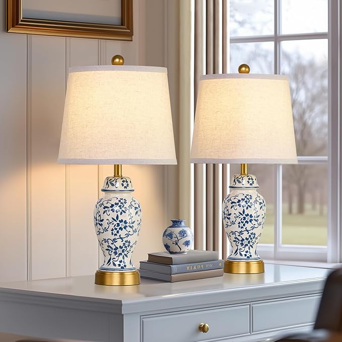RORIANO RORIANO Chinoiserie Ceramic Table Lamps Set of 2 for Living Room Bedroom Bedside, Traditional Blue and White Porcelain Classic Table Lamp for Nightstand Entryway, 2 LED Bulbs Included (Gold) photo 5