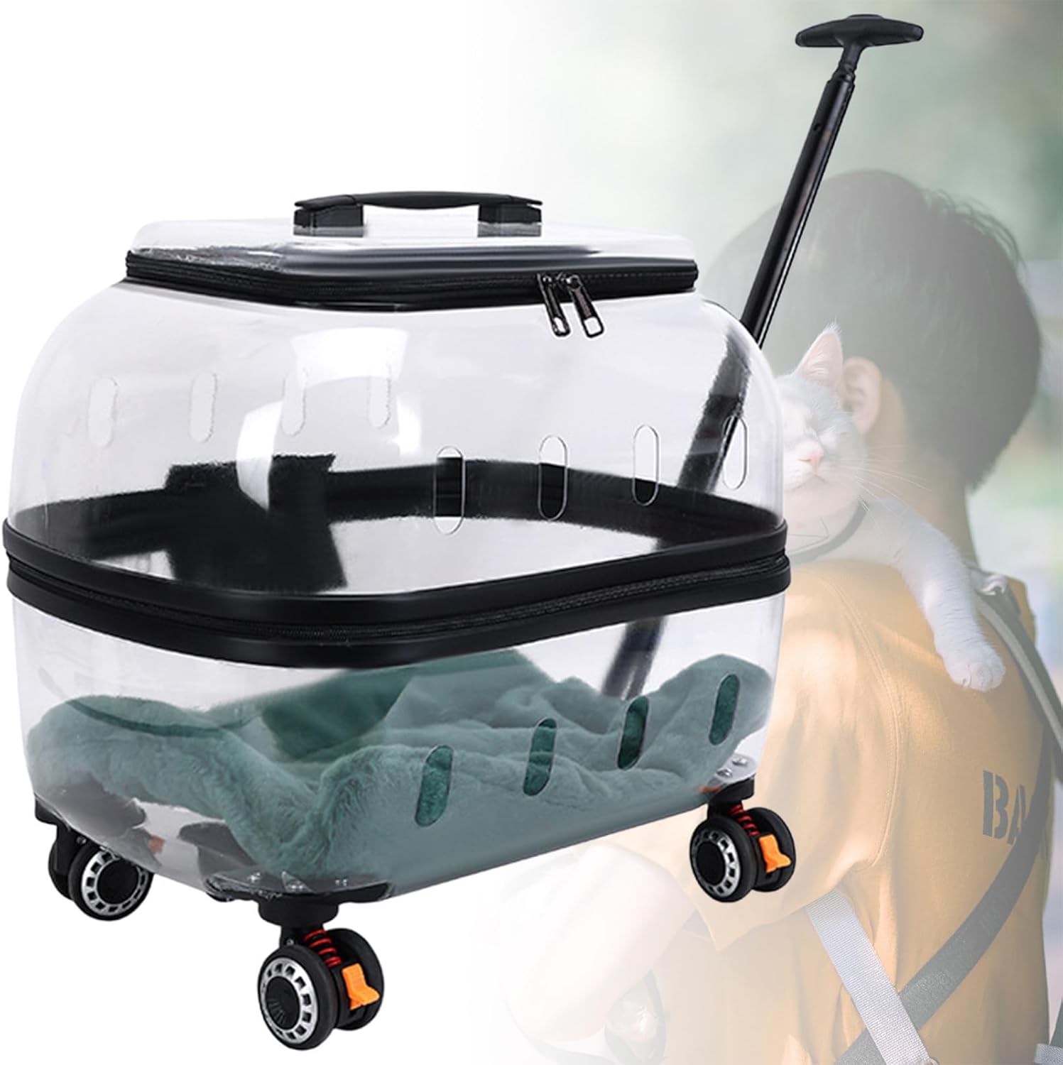 Portable Pet Carrier with Wheels, 360°Clear Window Pet Trolley Case with Ventilation Holes, Pet Trolley Case with Telescopic Rod, for Cats, Dogs, Or Bunnies Darkgray