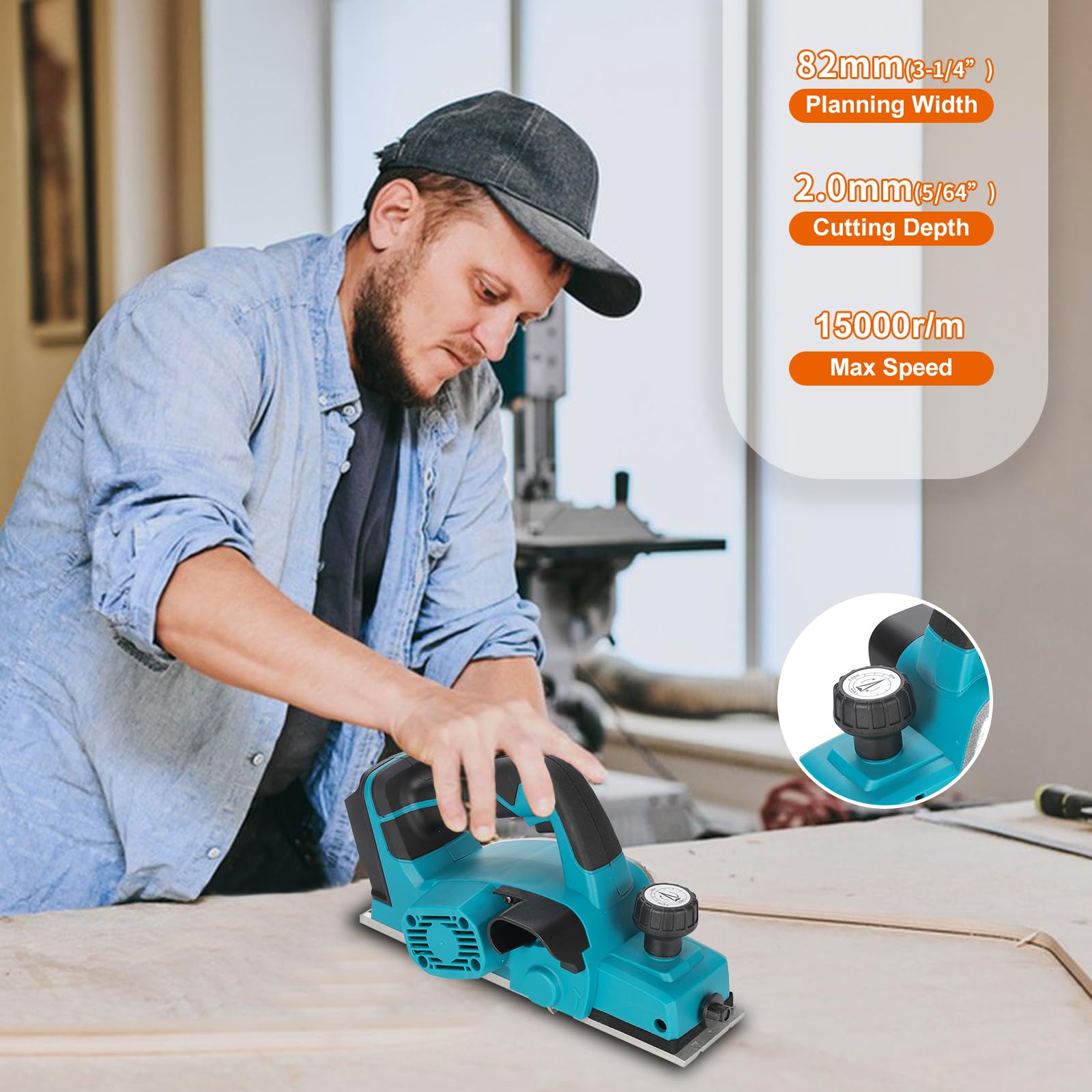 Akku-Hobel Kompatibel mit Makita 18V Akku, Handhobel Elektrisch 15000 U/min, Hobelbreite 82 mm, Spantiefe 2 mm, Elektrischer Hobel für Holzbearbeitung (Ohne Akku)