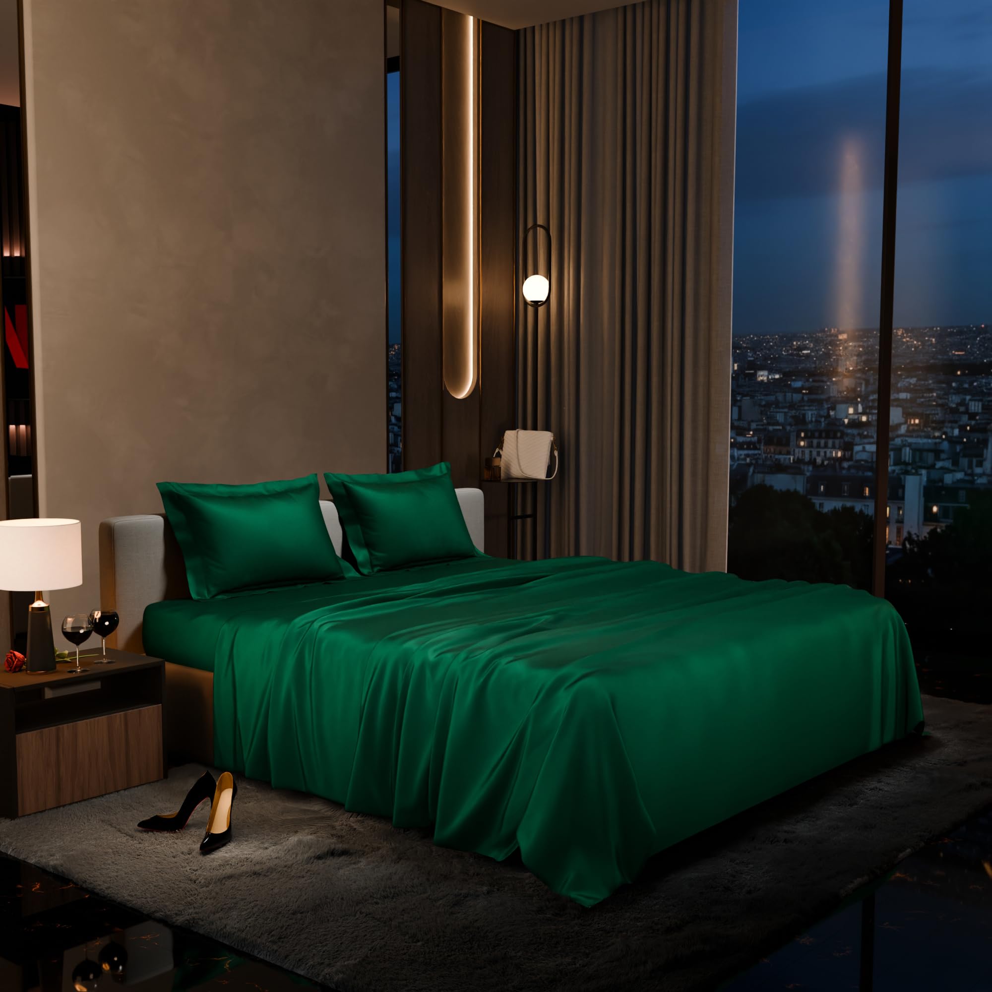 Stoa Paris Satin Bedsheet King Size with 2 Pillow Covers, 300TC Premium Bedsheets King Size, Home Decor,Ultimate Comfort, 274 cm x 228 cm,Date Night - Emerald Green