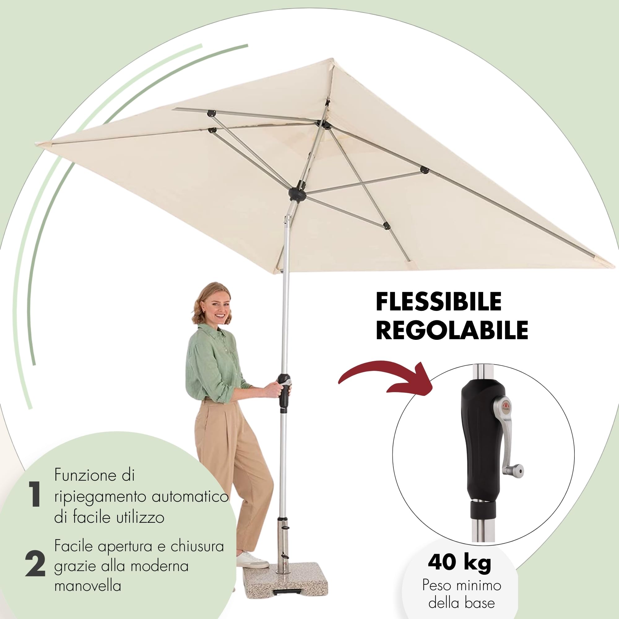 Doppler Ombrellone Rettangolare 220×140 cm in Alluminio – da Giardino con manovella, inclinabile, per Balcone e terrazza, Protezione UV 80+