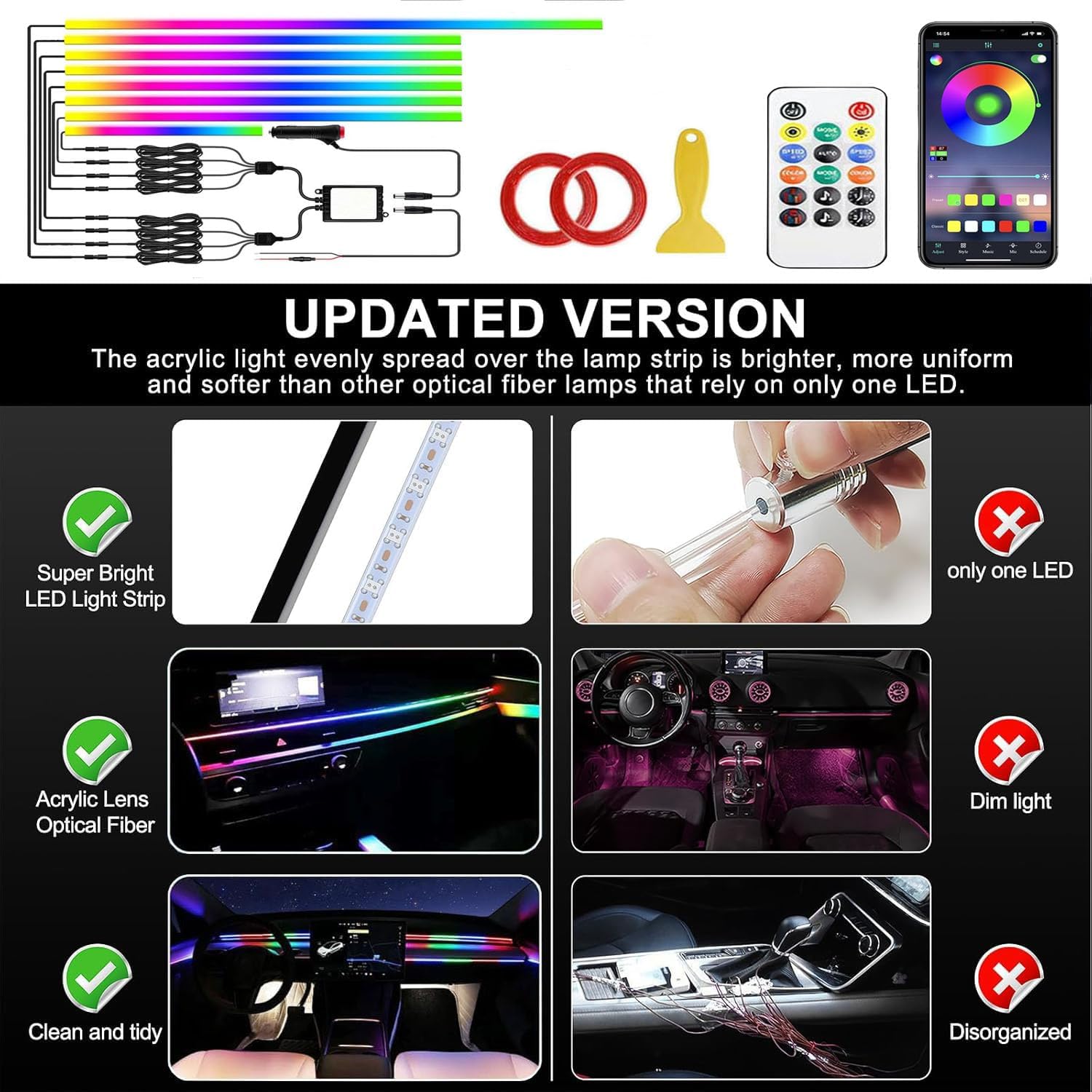 Interior Car LED Strip Lights,Acrylic LED Lights for Car with Dynamic Dreamcolor Chasing,235 inches 8 in 1 RGB Neon Strip Fiber Optic Ambient Lighting Kits with Remote APP, for Inside car Decorations