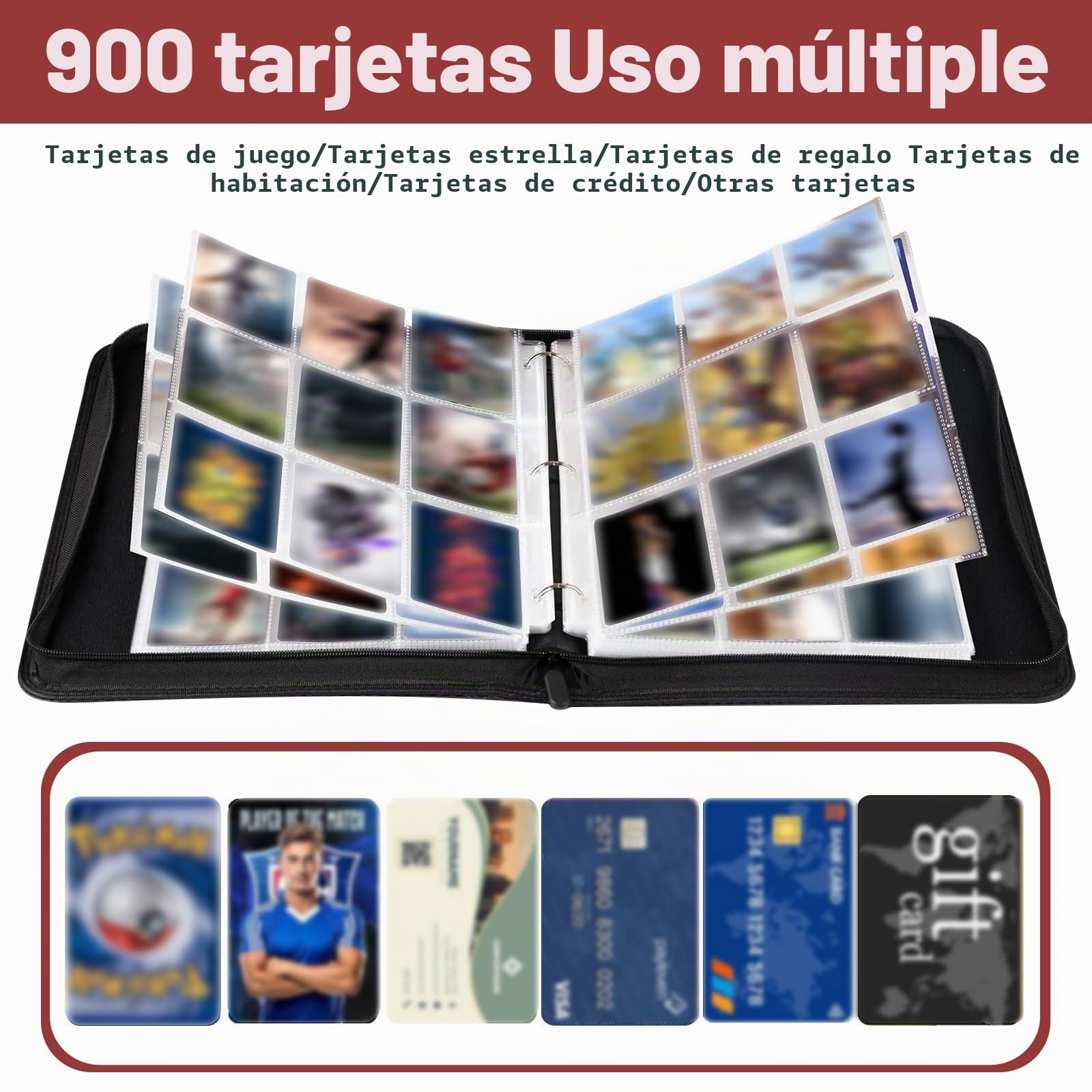 Álbum de recortes para tarjetas, 50 páginas, 900 tarjetas de capacidad, PU impermeable, álbum de tarjetas coleccionables, carpeta portátil, carpeta de tarjetas, cuaderno de 9 bolsillos, colección de
