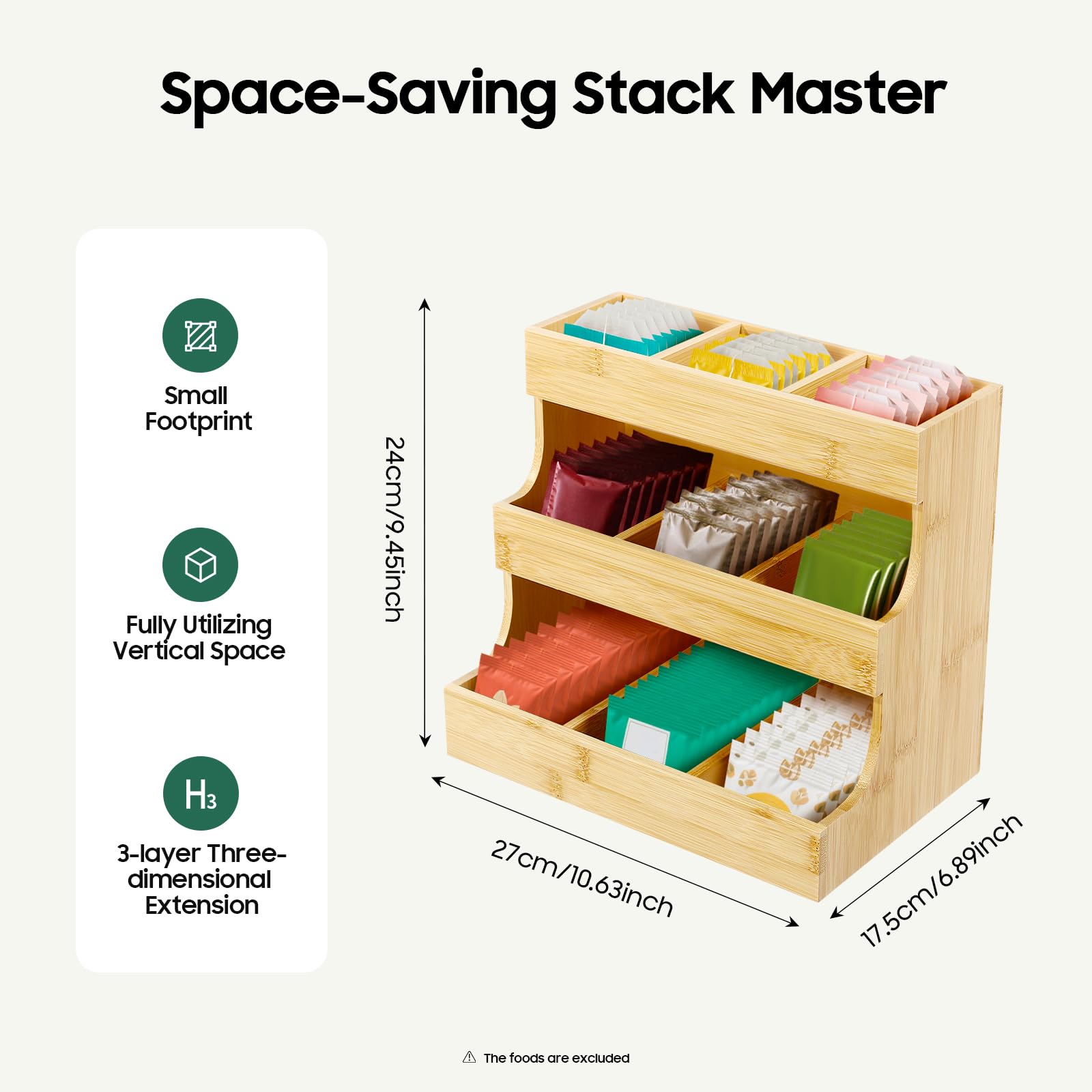 Organizador de bolsas de té de bambú con 9 compartimentos y 3 niveles (27 x 17,5 x 24 cm), capacidad de carga de 5 kg, para casa, oficina y cafetería, diseño sostenible