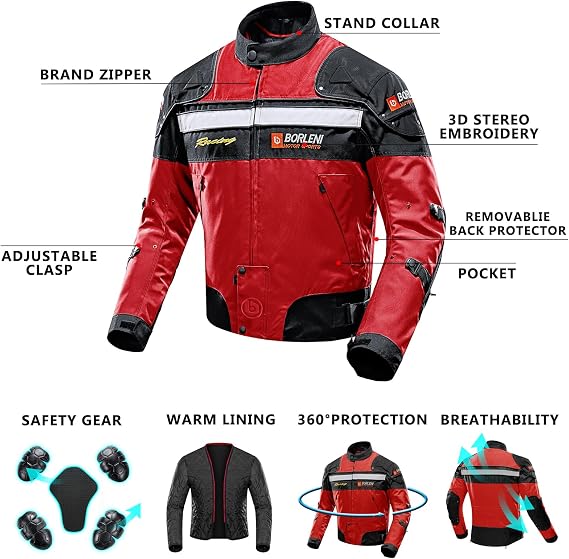 BORLENI Motorcycle Jacket Red L and Motorcycle Back Armor Certified