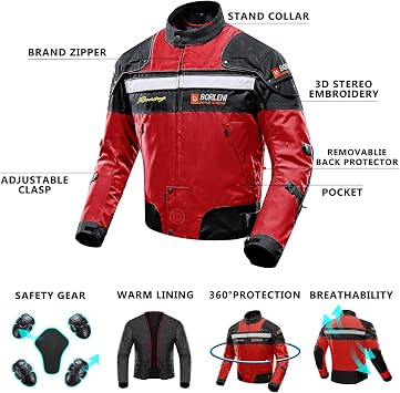 BORLENI Motorcycle Jacket Red L and Motorcycle Back Armor Certified
