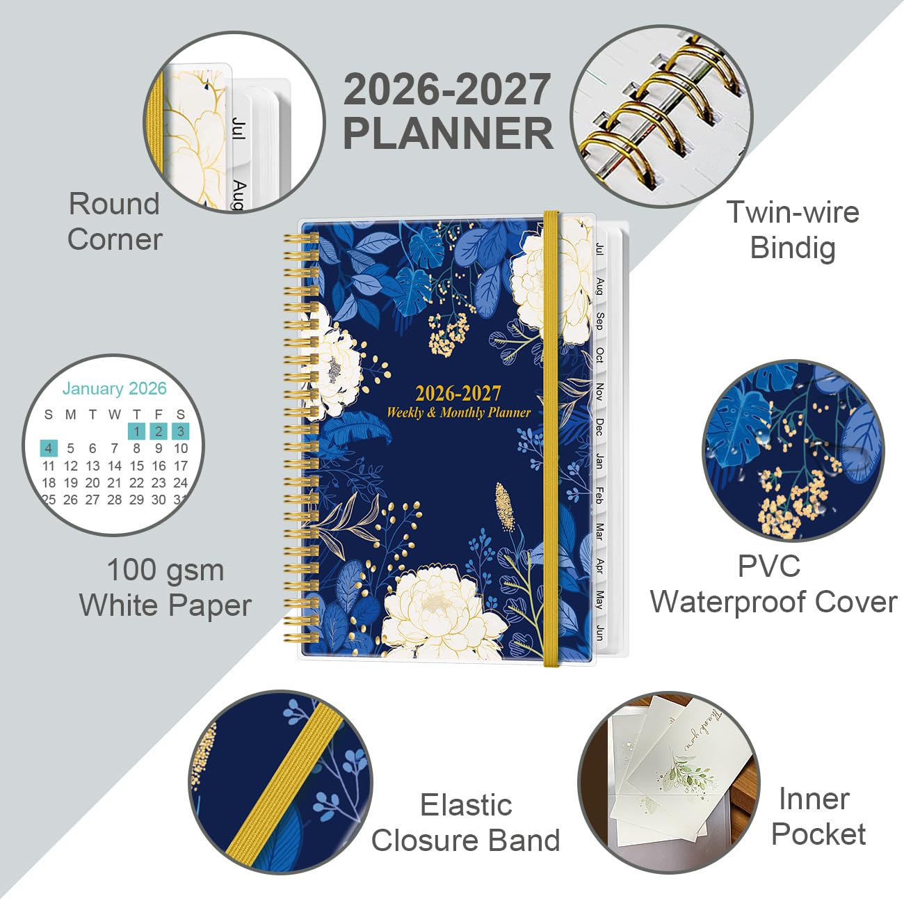 Agenda 2025-2026, planner accademico 2025-2026 da luglio 2025 a giugno 2026, agenda settimanale e mensile con rilegatura a spirale con 12 linguette mensili, tasca interna, 16,3 x 21,6 cm, motivo