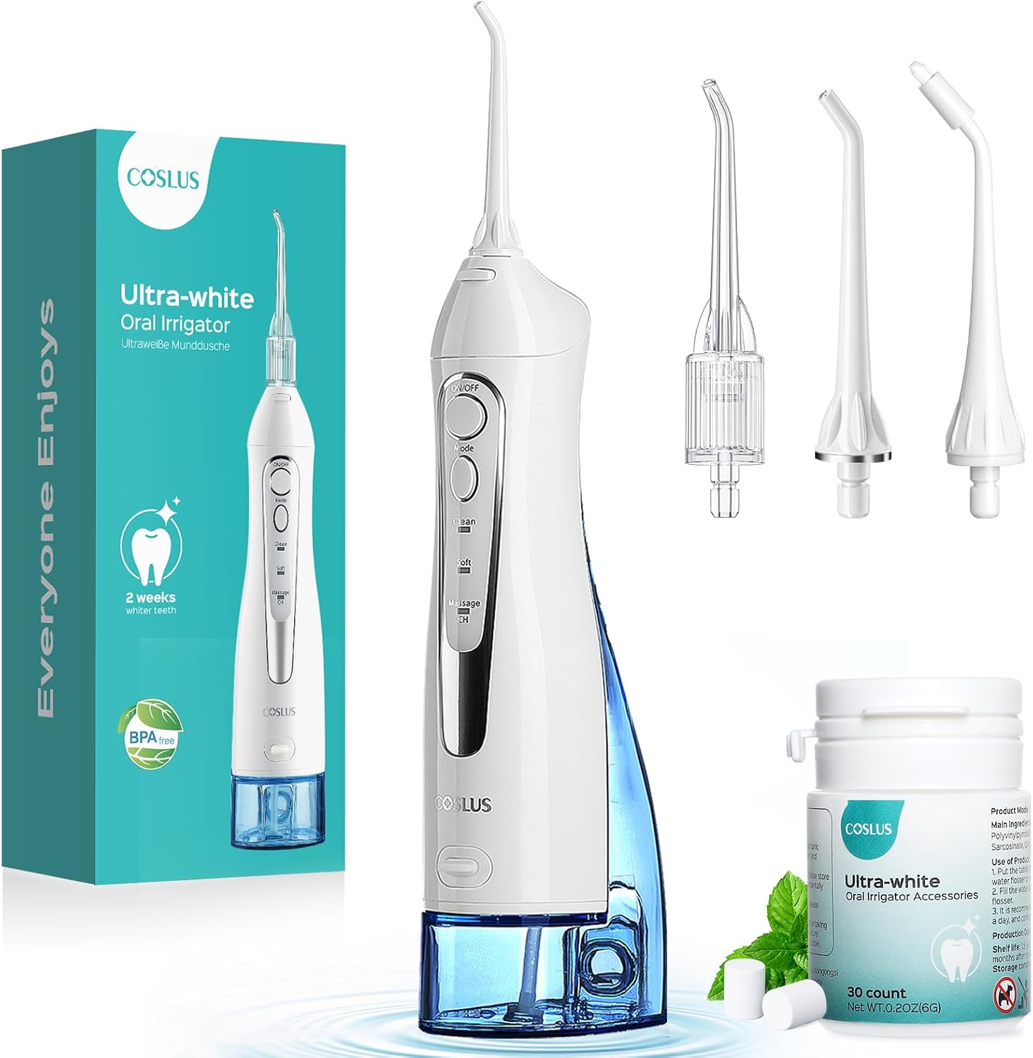 COSLUS Water Flosser Pick with 30pcs Whitening Mint Flavor Refill Combo for Teeth, Braces, Gums Care – Easy to Use, Portable for Travel & Coffee Lovers, Rechargeable, BPA-Free, White, W40(F5020E) COSLUS Water Flosser Pick with 30pcs Whitening Mint Flavor Refill Combo for Teeth, Braces, Gums Care – Easy to Use, Portable for Travel & Coffee Lovers, Rechargeable, BPA-Free, White, W40(F5020E)