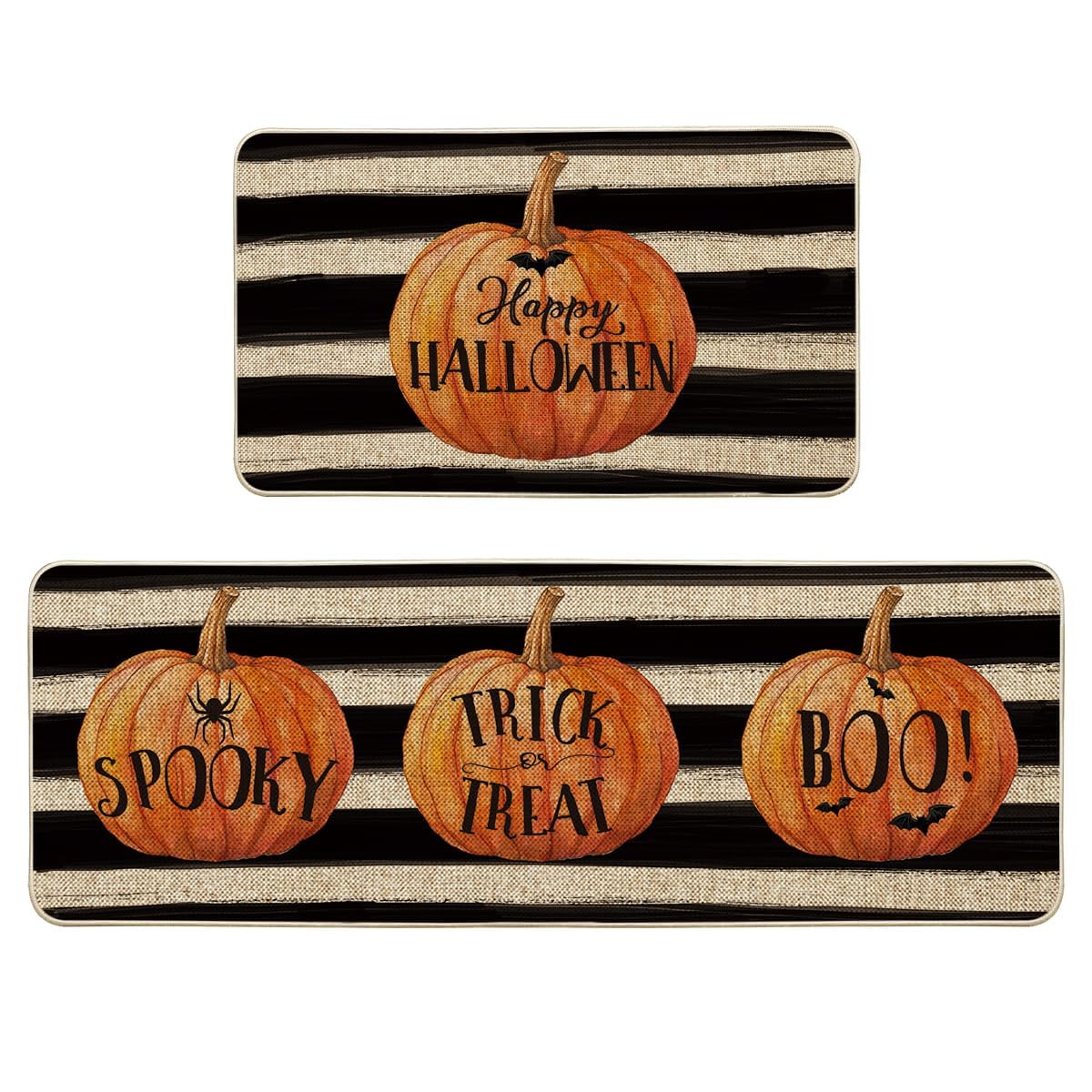 Artoid Mode Stripes Pumpkin Happy Halloween Kitchen Mats Set of 2, Spooky Trick or Treat Boo Holiday Party Low-Profile Floor Mat for Home Kitchen - 17x29 and 17x47 Inch