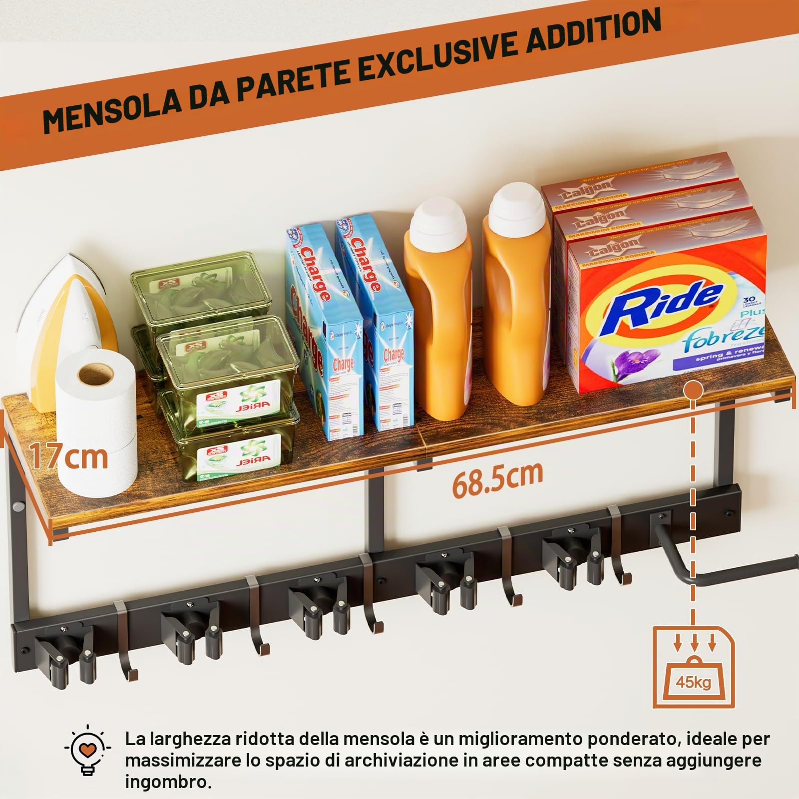 Porta Scope Parete, Portascope da Muro con 5 Supporti e 6 Ganci, Appendi Scope a Muro con Scaffali Organizzatori per Articoli di Pulizia, Ganci da Parete per Lavanderia Double-Sided
