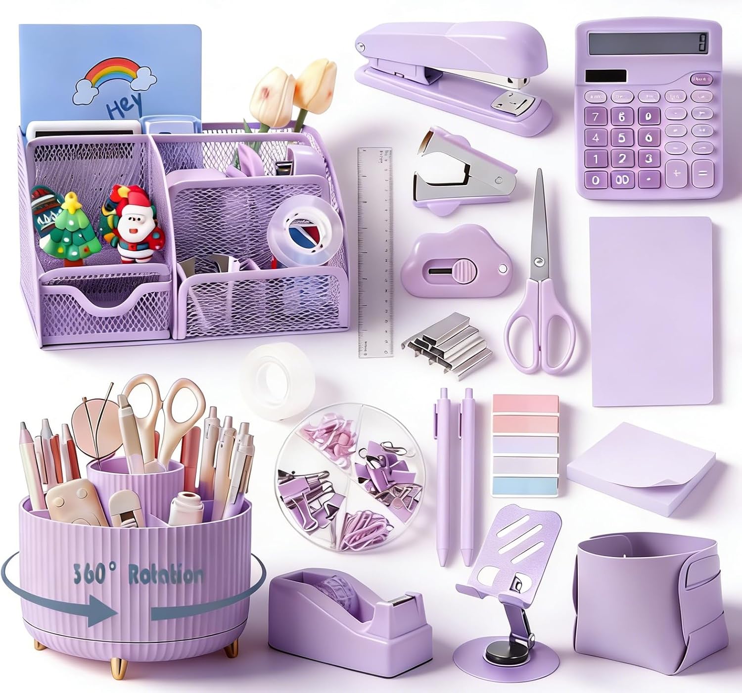 Purple Desk Organizers and Accessories with Desk Organizer 360° Rotating Pen Holder and Office Supplies, 19Pcs Cute Stationery Supplies Set