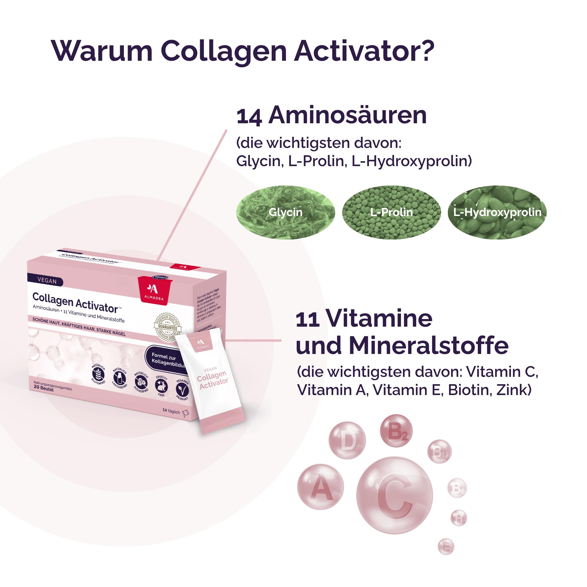 Collagen Activator – Kollagenbildung aktivieren, Für Haut, Haare & Nägel, 14 Aminosäuren + 11 Vitamine & Mineralstoffe, Vegan, 20 Tage Kur (3er-Packung (180 Gramm))