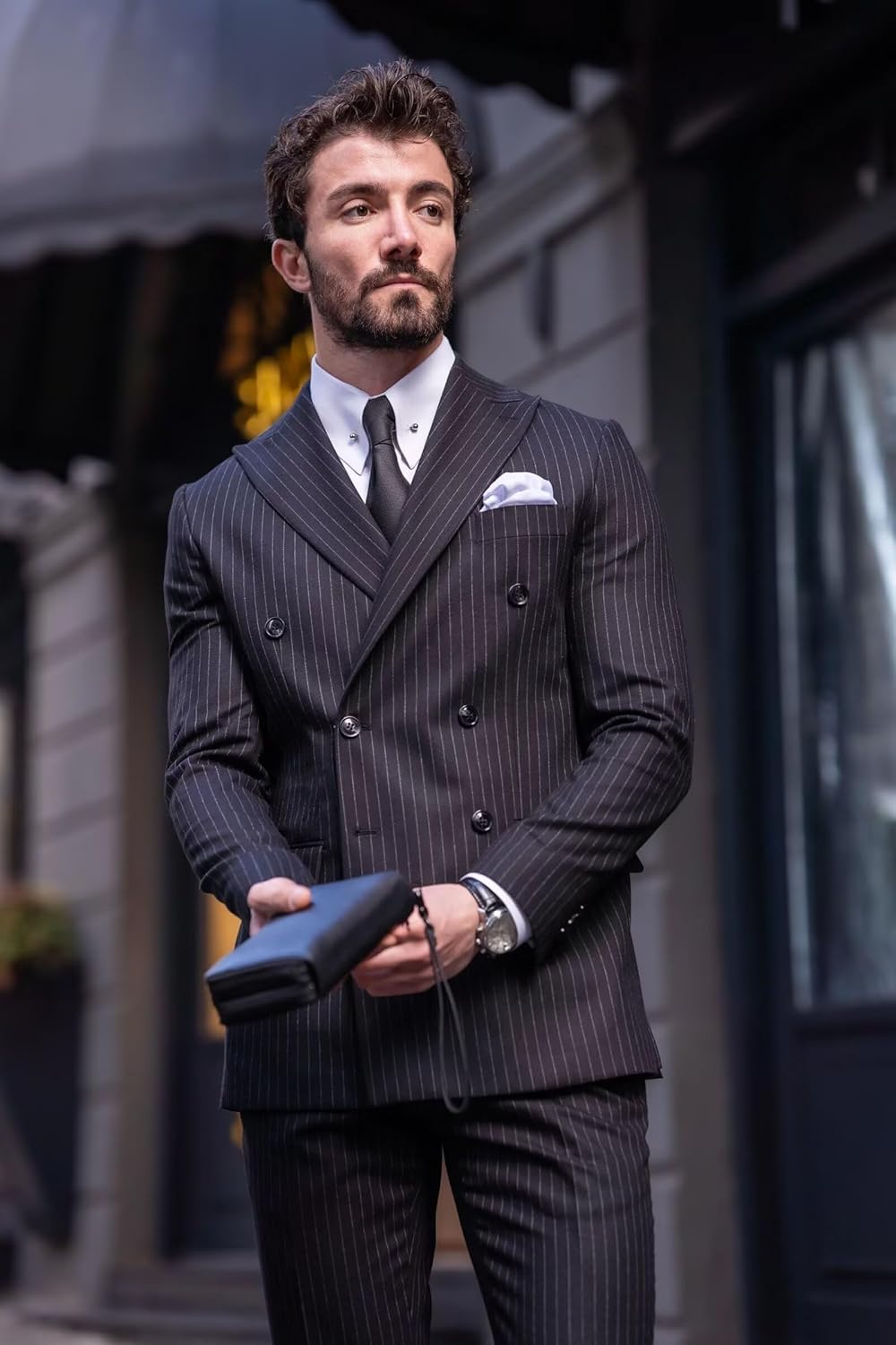 Pinstripe Suit for Men Slim Fit 2 Piece Pinstripe Double Breasted Suit Men Wedding Formal Business Dress Tuxedo