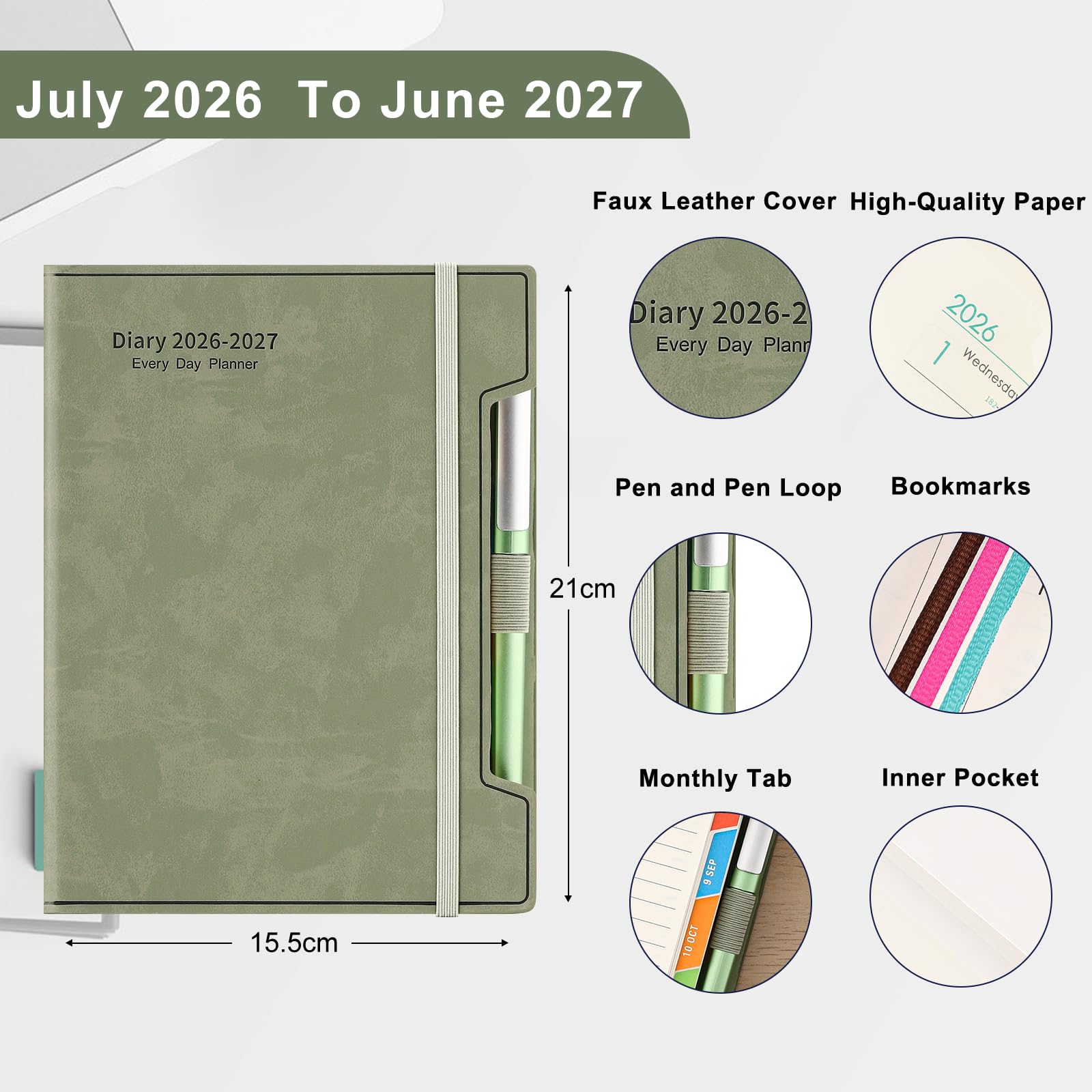 Planer akademicki na lata 2026-2027, A5, jedna strona na dzień, planer na co dzień, planer na lata 2026-2027, od lipca 2026 do czerwca 2027 r., 12 miesięcy, dziennik dzienny w twardej oprawie