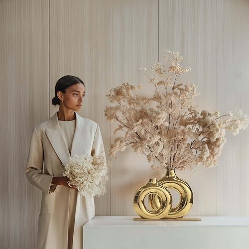 Miniatura 5 de XMGZQ Jarrón dorado, juego de 2 jarrones de cerámica, jarrones dorados para decoración del hogar, jarrón redondo para centros de mesa, jarrón dorado