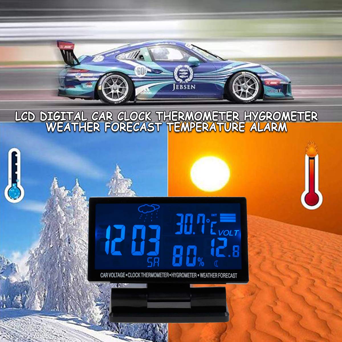 Riloer Termómetro de coche, termómetro e higrómetro digital LCD, meteorológico, monitor de batería y alarma, reloj digital, 120x60x20mm, negro