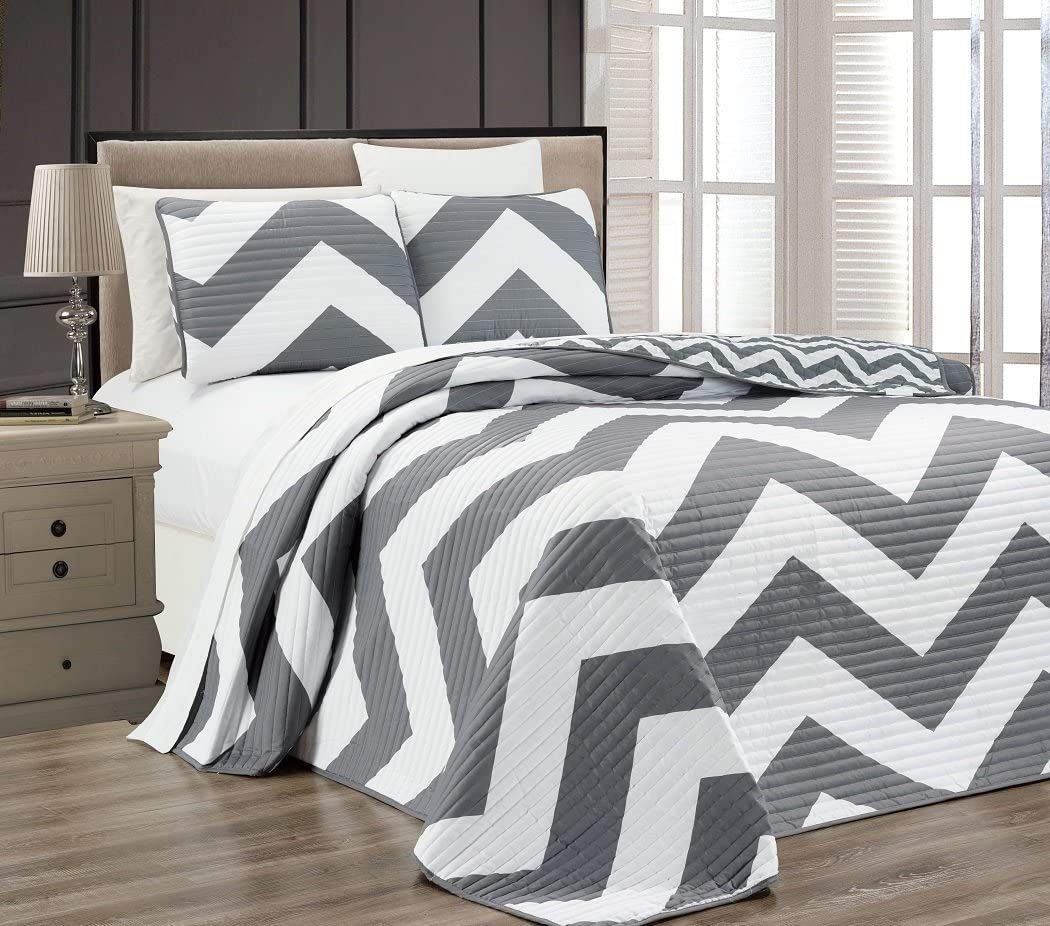 Chezmoi Collection Zoe 3-Piece Chevron Zig Zag Channel Quilted Bedspread Coverlet Set (Gray, King)