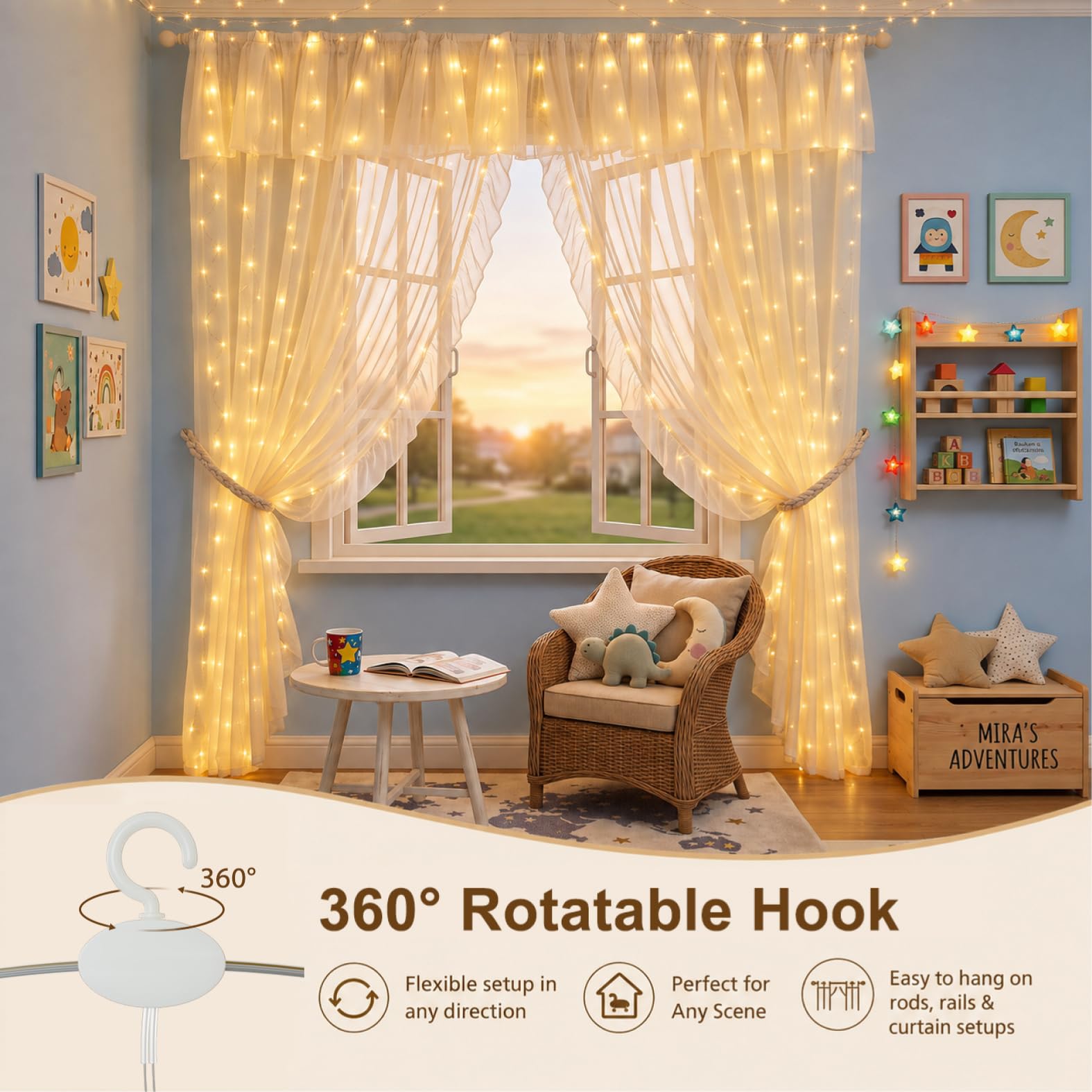 Cortina de luz blanca para dormitorio, 300 LED de 1010 pies con 16 ganchos, 8 modelos de mando a distancia, ventana con USB para decoración de boda, fiesta, hogar, jardín, interior