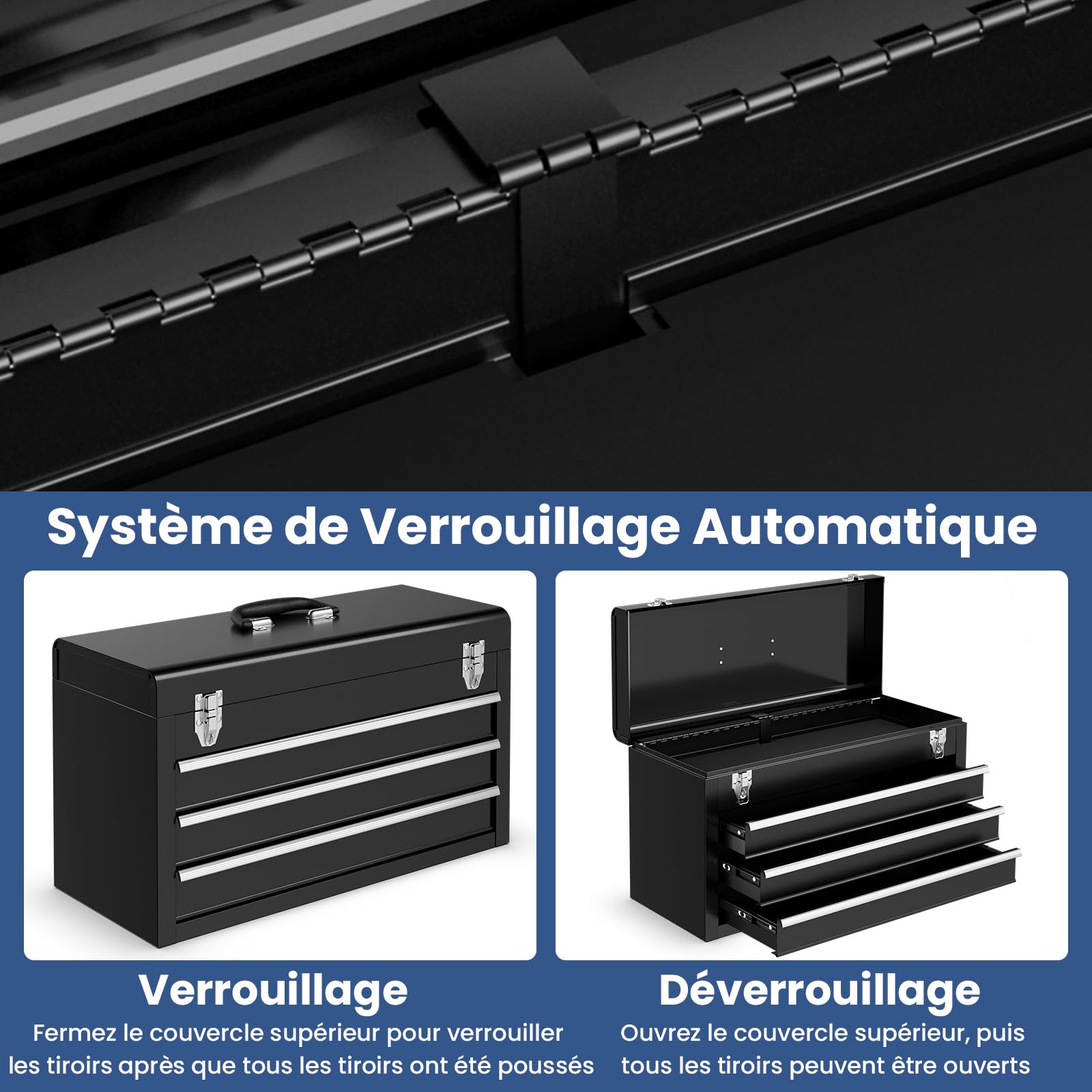 COSTWAY Boîte à Outils en Métal 3 Tiroirs (Noir) | Coffre à Outils avec Plateau de Rangement Supérieur 2 Loquets et Doublures en EVA et Poignée de Transport Charge de Tiroir 10