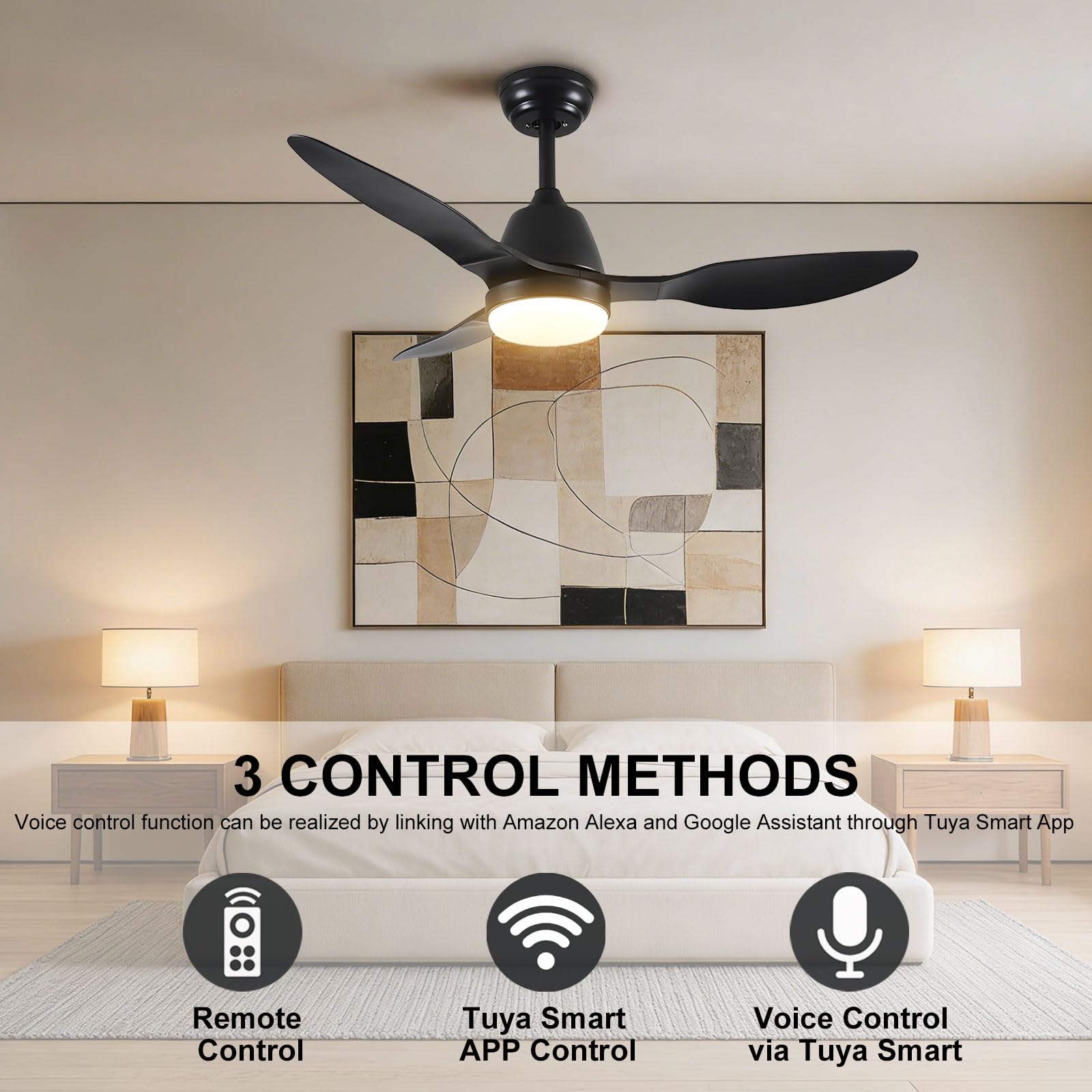 Ventilador de Techo Moderno Negro con luz, silencioso, Regulable, con Control Remoto Inteligente/App/Voz, 6 velocidades, Ideal para Dormitorio, Comedor y Sala de Estar.