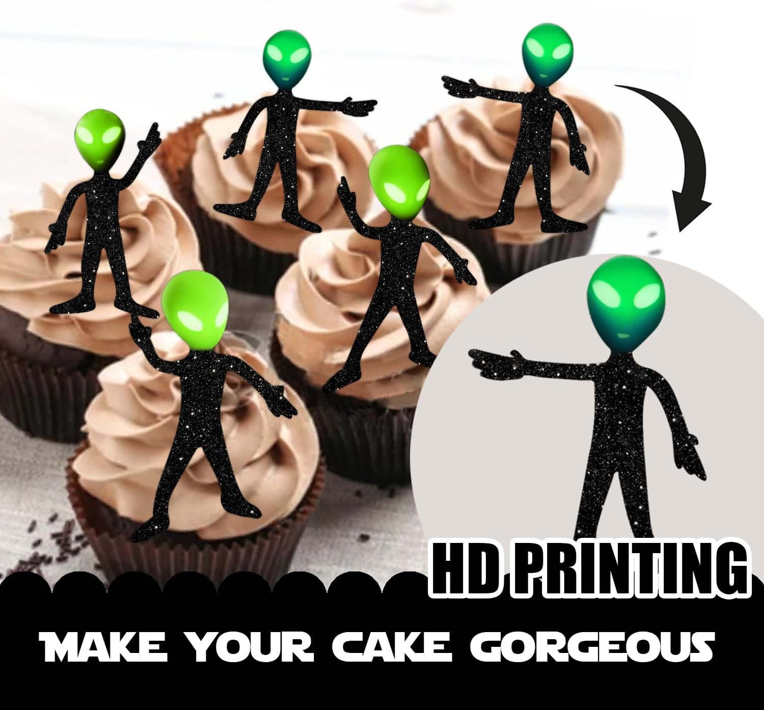 18pcs Black Glitter Glow Alien Dessert Cupcake Topper Space Invaders Theme Decor Supplies Baby Shower Boys Girls Happy Birthday Party Decorations