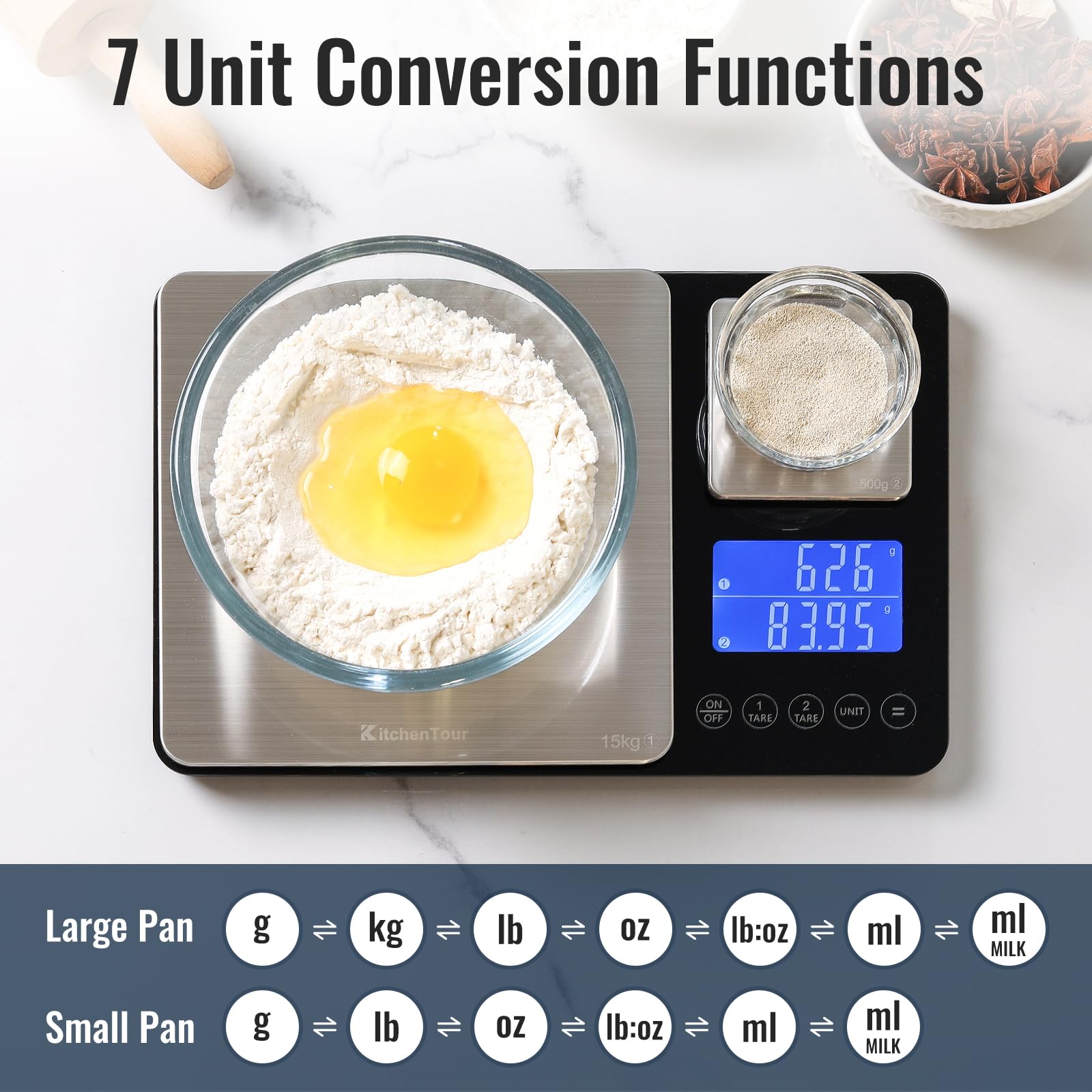 KitchenTour Balance de Cuisine Numérique Double Plateforme avec Fonction Poids Total 500g/0.1g & 15kg/1g Précision pour Cuisson et Pâtisserie Noir