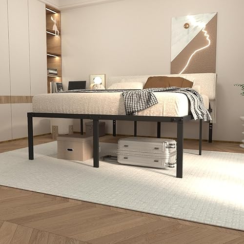 AMOBRO Base de cama matrimonial de metal de 18 pulgadas con almacenamiento, resistente con listones de acero, fácil montaje, sin ruido, sin