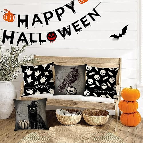 Miniatura 6 de Juego de 4 fundas de almohada de Halloween de 20 x 20 pulgadas, juego de 4 fundas de almohada decorativas de truco o trato, fundas de almohada de