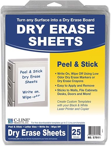 C-Line Hojas de borrado en seco para despegar y pegar, 8 1/2 x 11, color blanco, 25 hojas/caja
