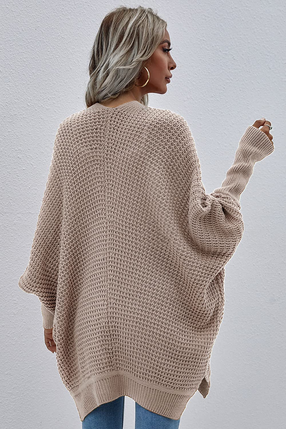 Basicspace Damen Offene Front Strickjacke Damen Lang Waffel Lässig leicht Lose Fledermaus Langarm übergröße Knit Cardigan Weiche Oberbekleidung