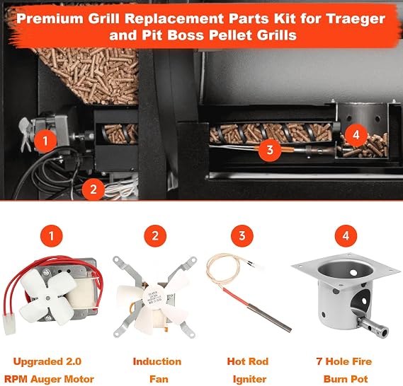 Pellet Grill Replacement Parts for Traeger, Pit Boss Wood Pellet Grills, Upgraded Auger Motor, Grill Induction Fan, Fire Burn Pot and Hot Rod Igniter, Grill Parts with Ash Remover, Screws and Fuse
