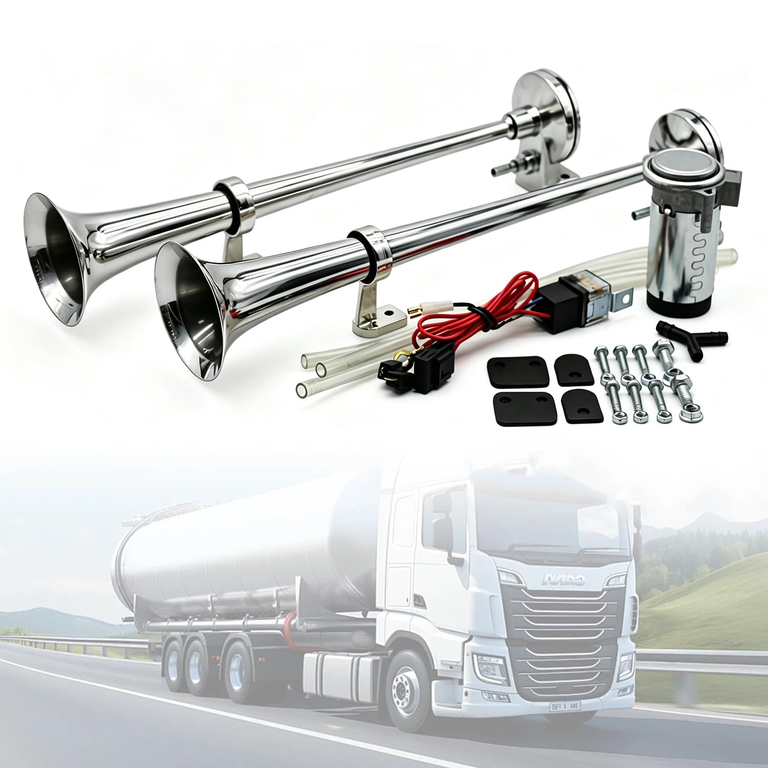 Tromba Camion 12v,150db Air Horn Cromato,Trombe Camion Con Compressore,Universale Per Auto, Moto,Barche - Incl. Kit Di Montaggio e Tubo Flessibile