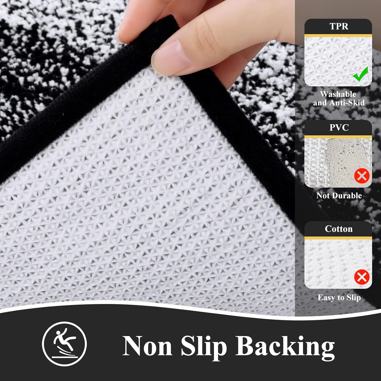 Vaukki 5 Piece Bathroom Rugs Set, Non Slip Shaggy Microfiber Plush Absorbent Washable Bath Shower Mats Runner for Tub (18''x26''+20''x32''+20''x47''+U20''x24''+Lid Cover, Black) - Image 3